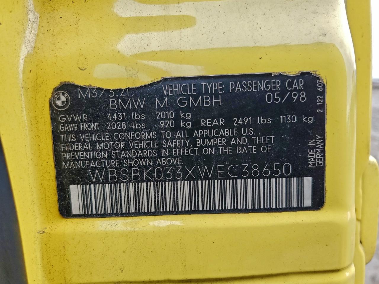 1998 Bmw M3 Automatic Yellow vin: WBSBK033XWEC38650