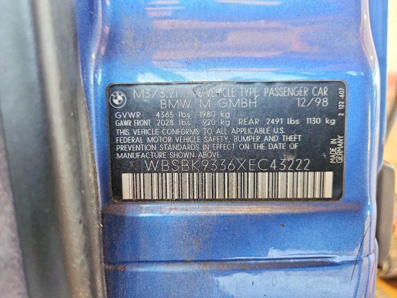 1999 Bmw M3 Blue vin: WBSBK9336XEC43222