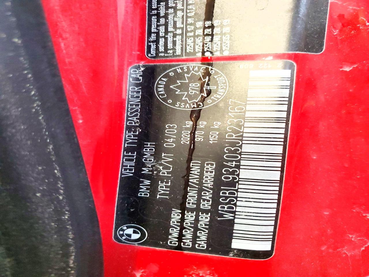 2003 Bmw M3 Red vin: WBSBL93403JR23167