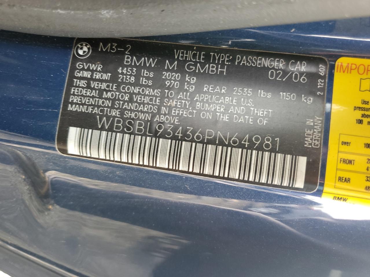 2006 Bmw M3 Blue vin: WBSBL93436PN64981