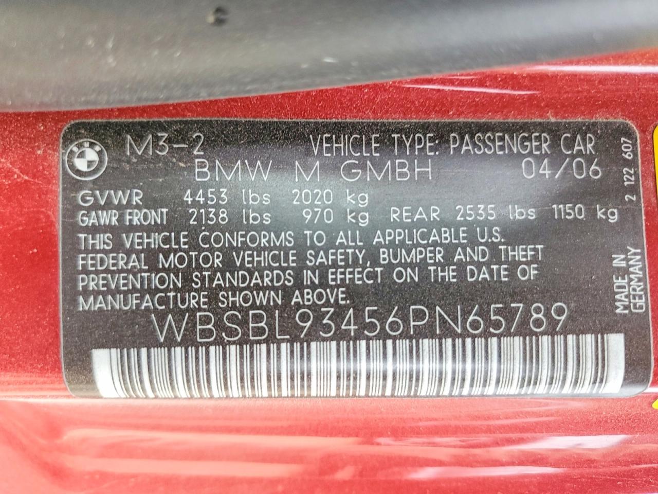 2006 Bmw M3 Красный vin: WBSBL93456PN65789