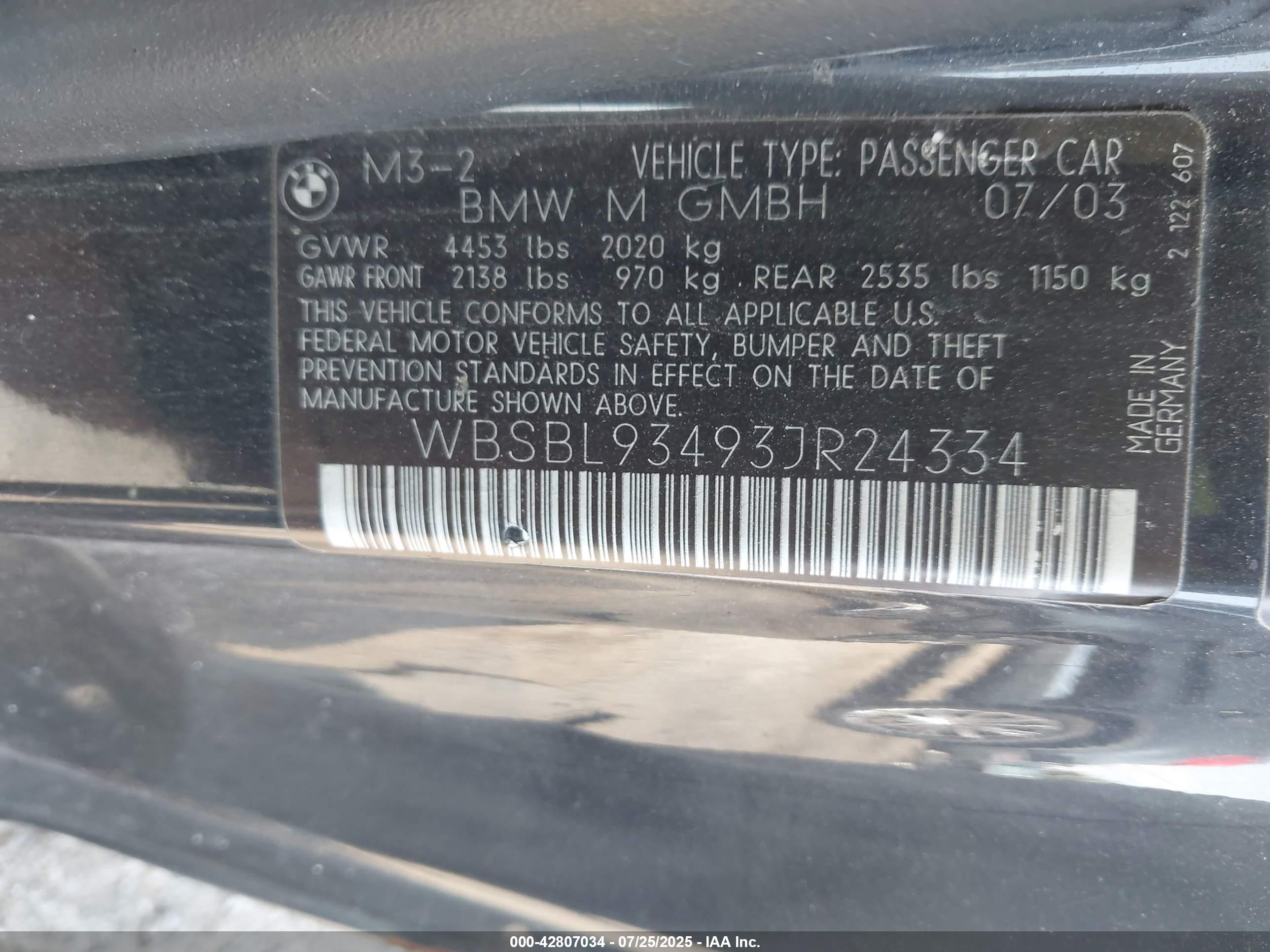 2003 Bmw M3 Black vin: WBSBL93493JR24334