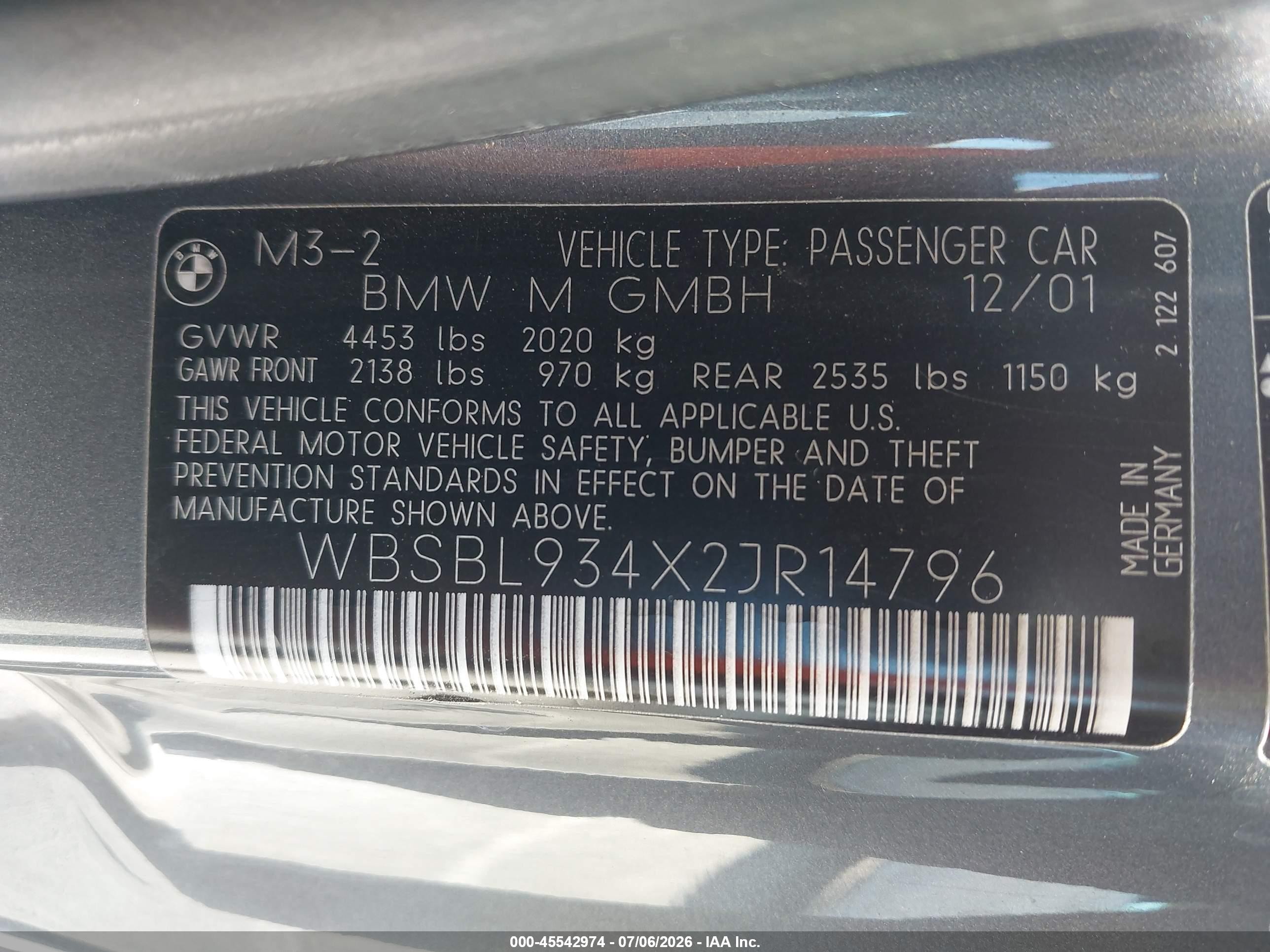 2002 Bmw M3   Gray vin: WBSBL934X2JR14796