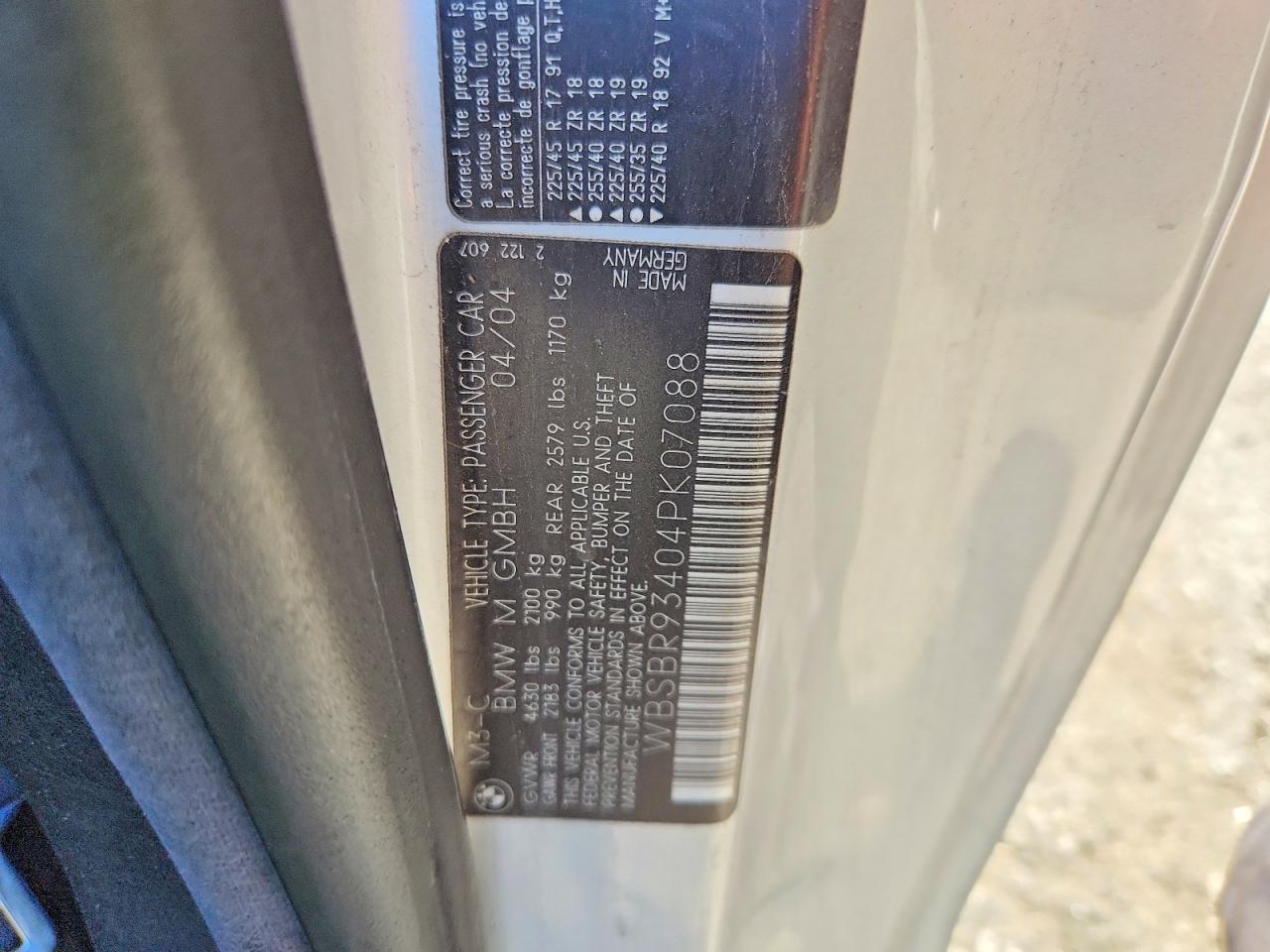 2004 Bmw M3 Silver vin: WBSBR93404PK07088