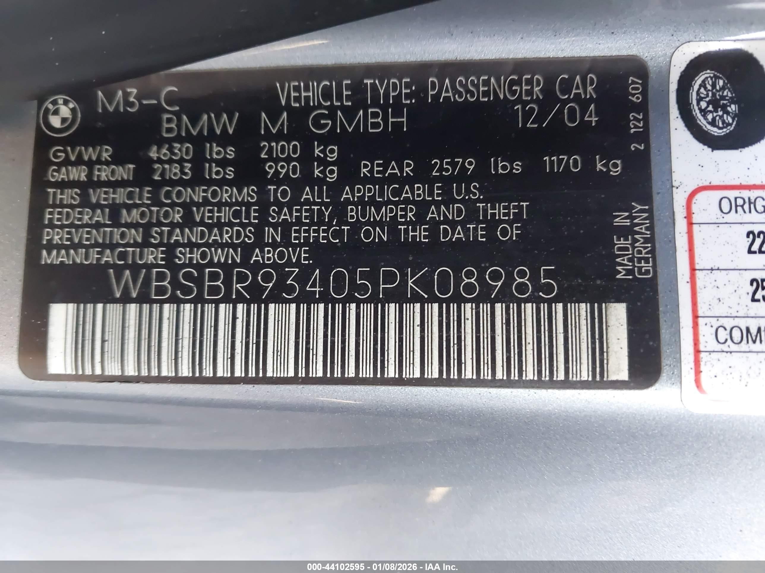 2005 Bmw M3   Серебряный vin: WBSBR93405PK08985