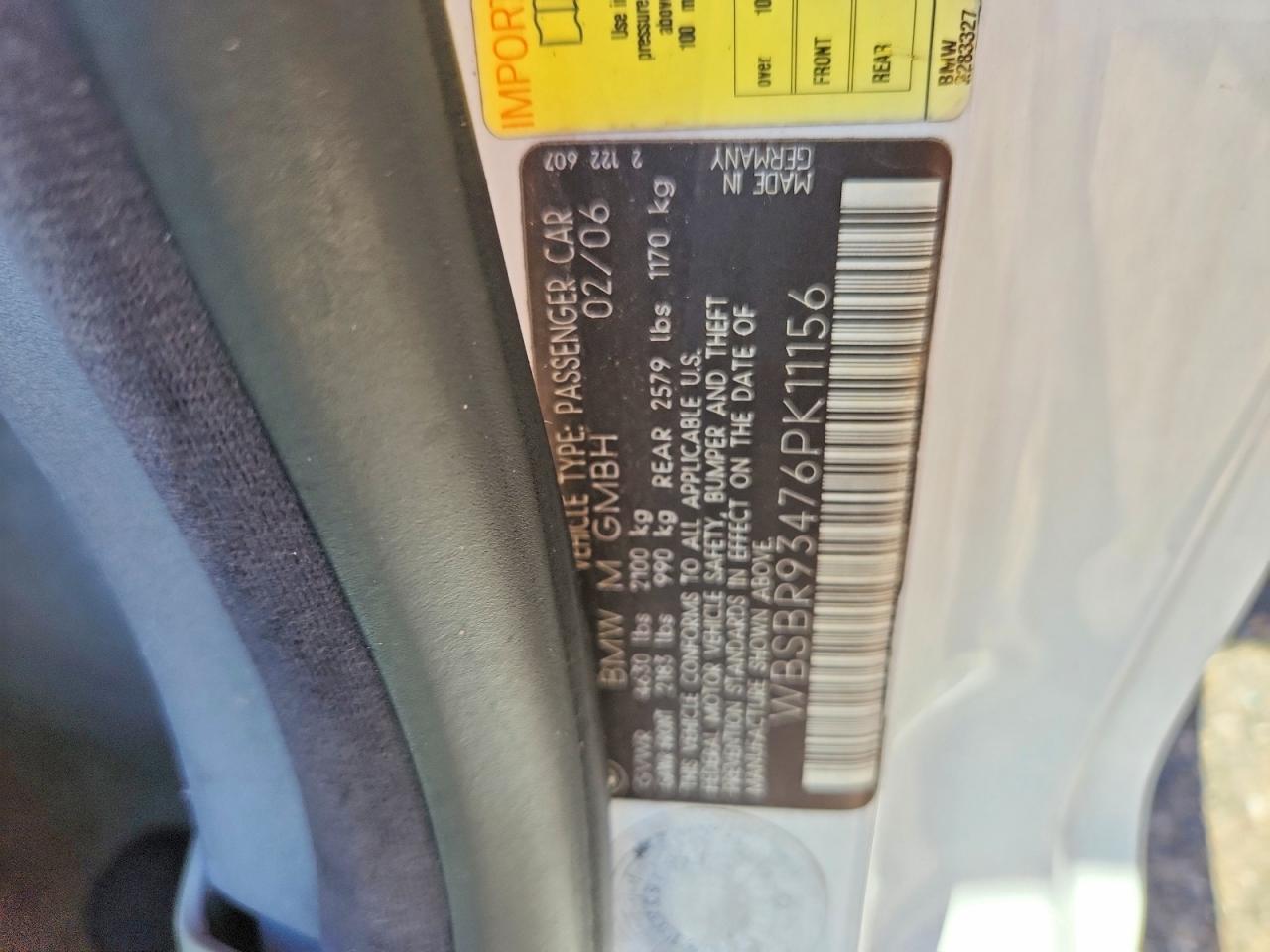 2006 Bmw M3 White vin: WBSBR93476PK11156