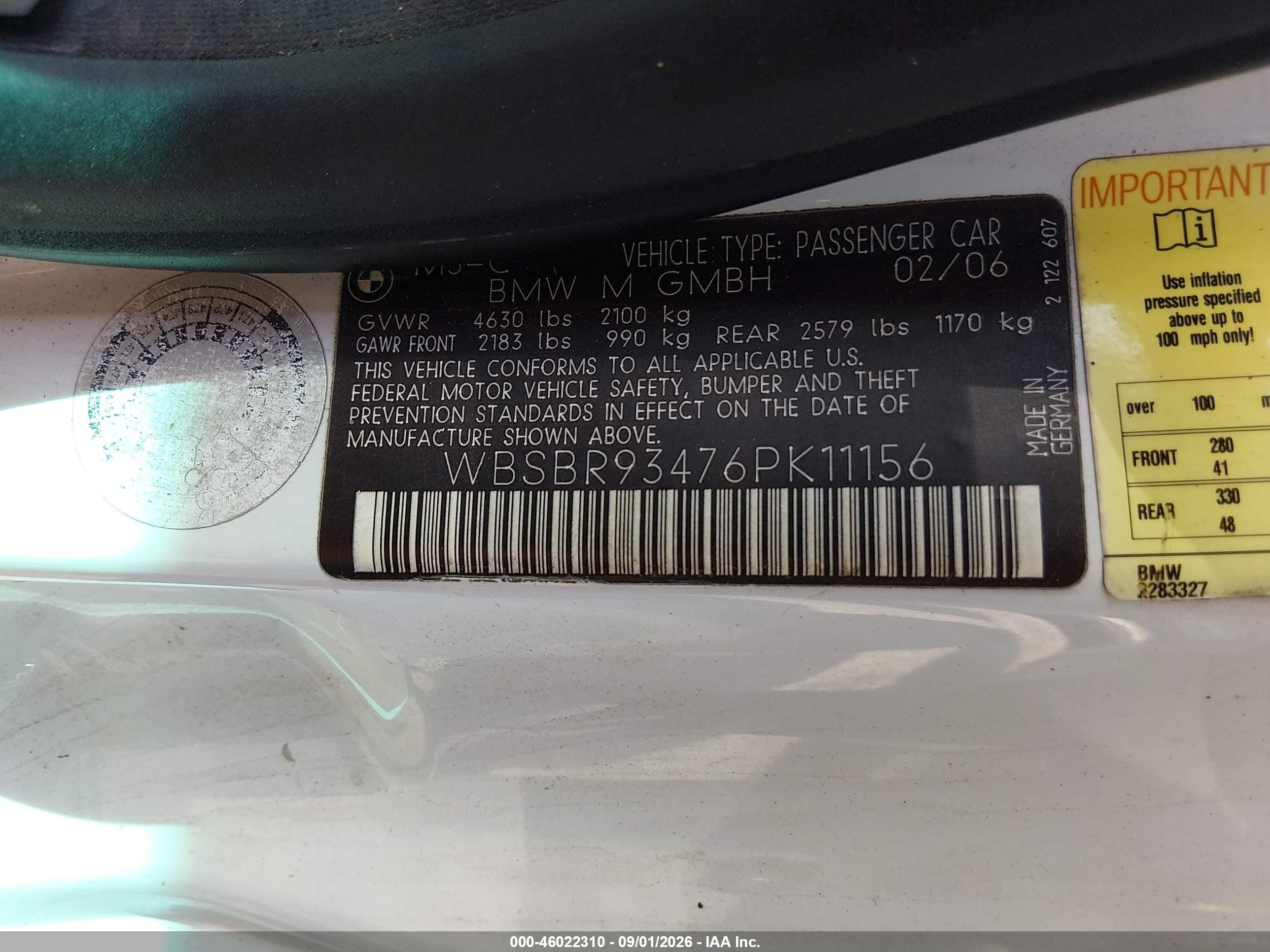 2006 Bmw M3   White vin: WBSBR93476PK11156