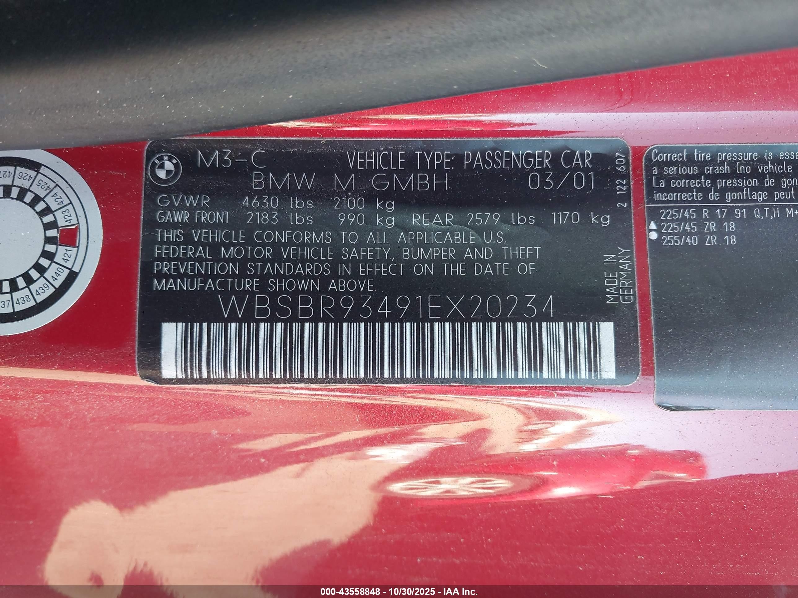2001 Bmw M3 Red vin: WBSBR93491EX20234