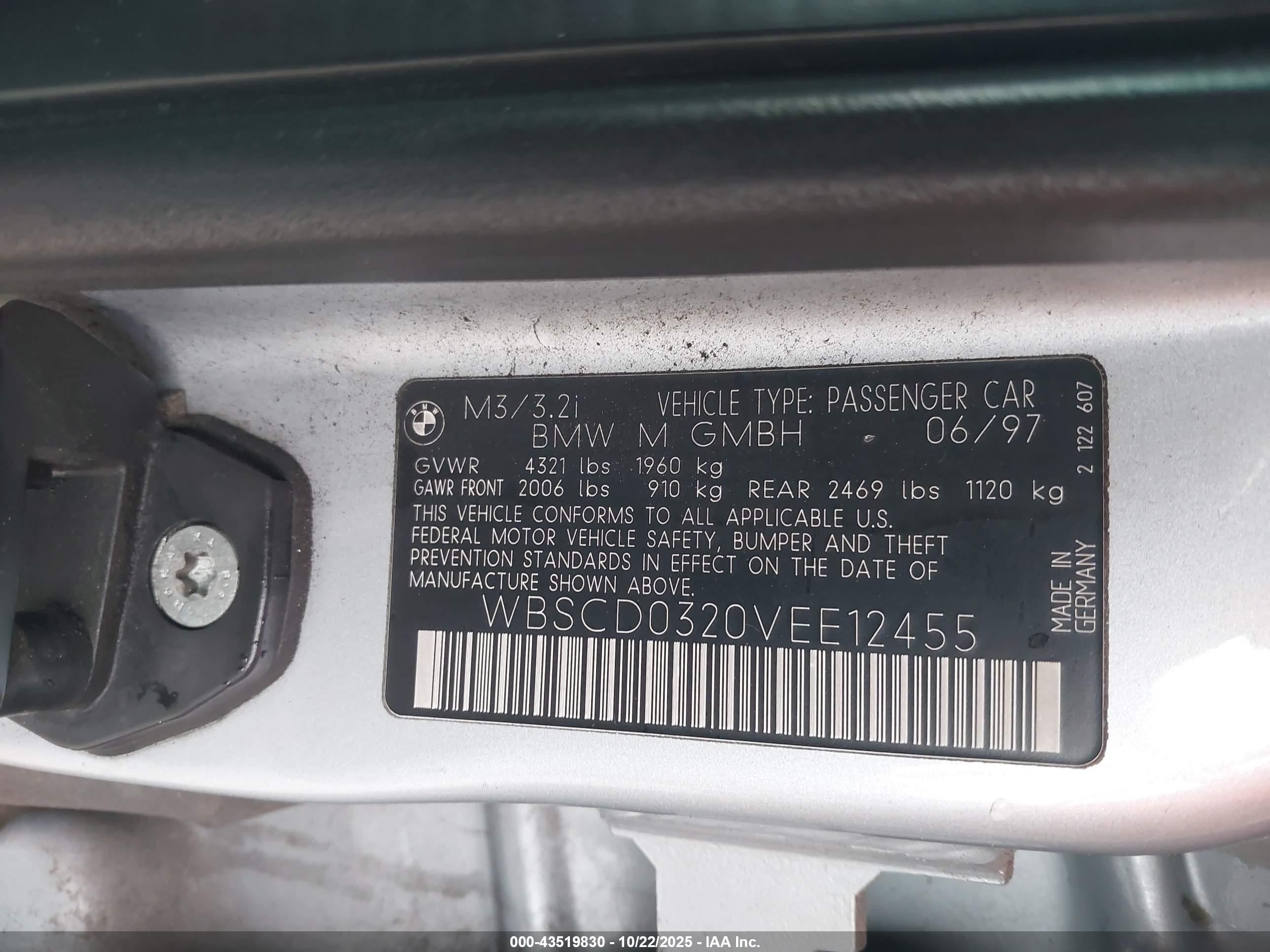 1997 Bmw M3   Silver vin: WBSCD0320VEE12455