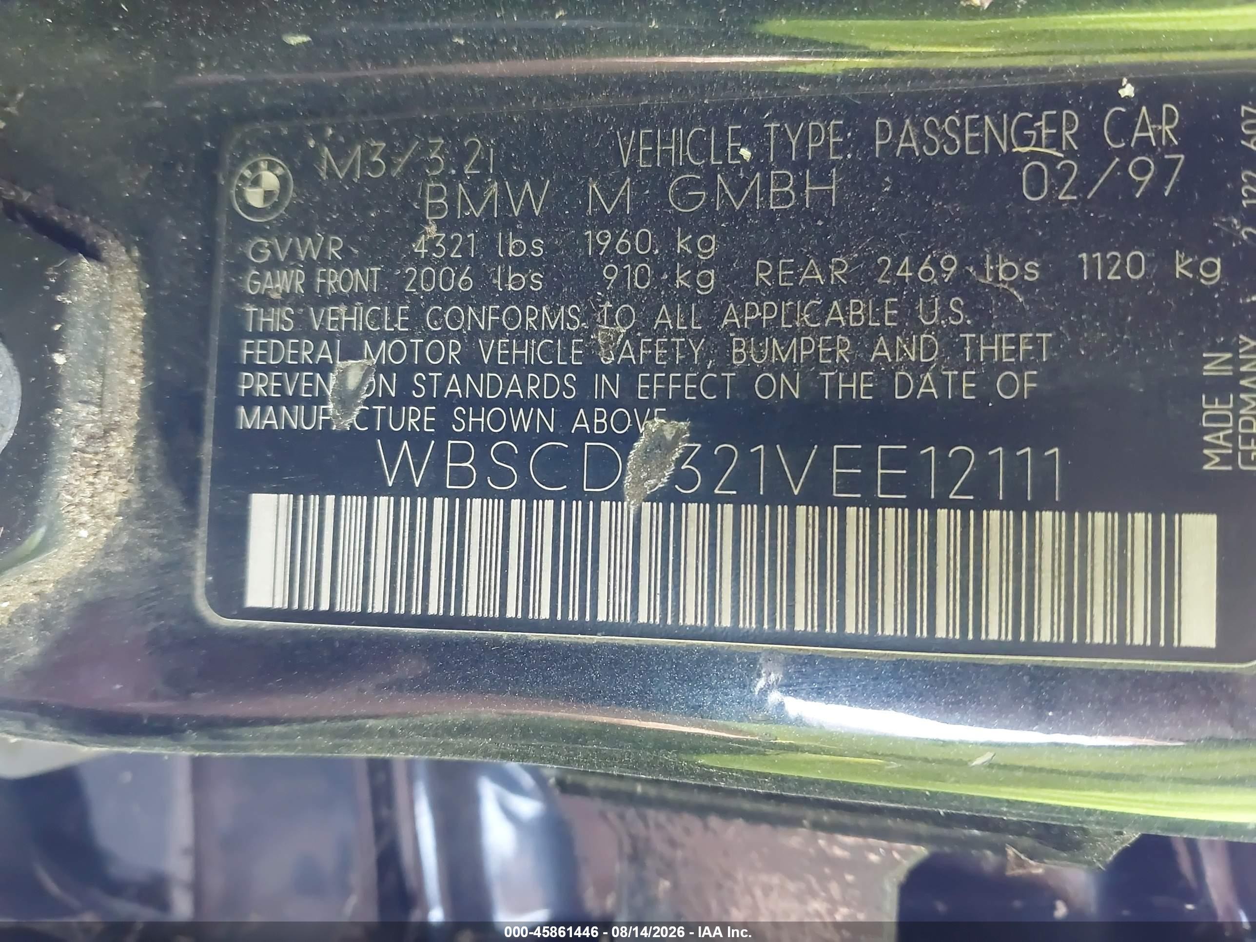 1997 Bmw M3 Black vin: WBSCD0321VEE12111