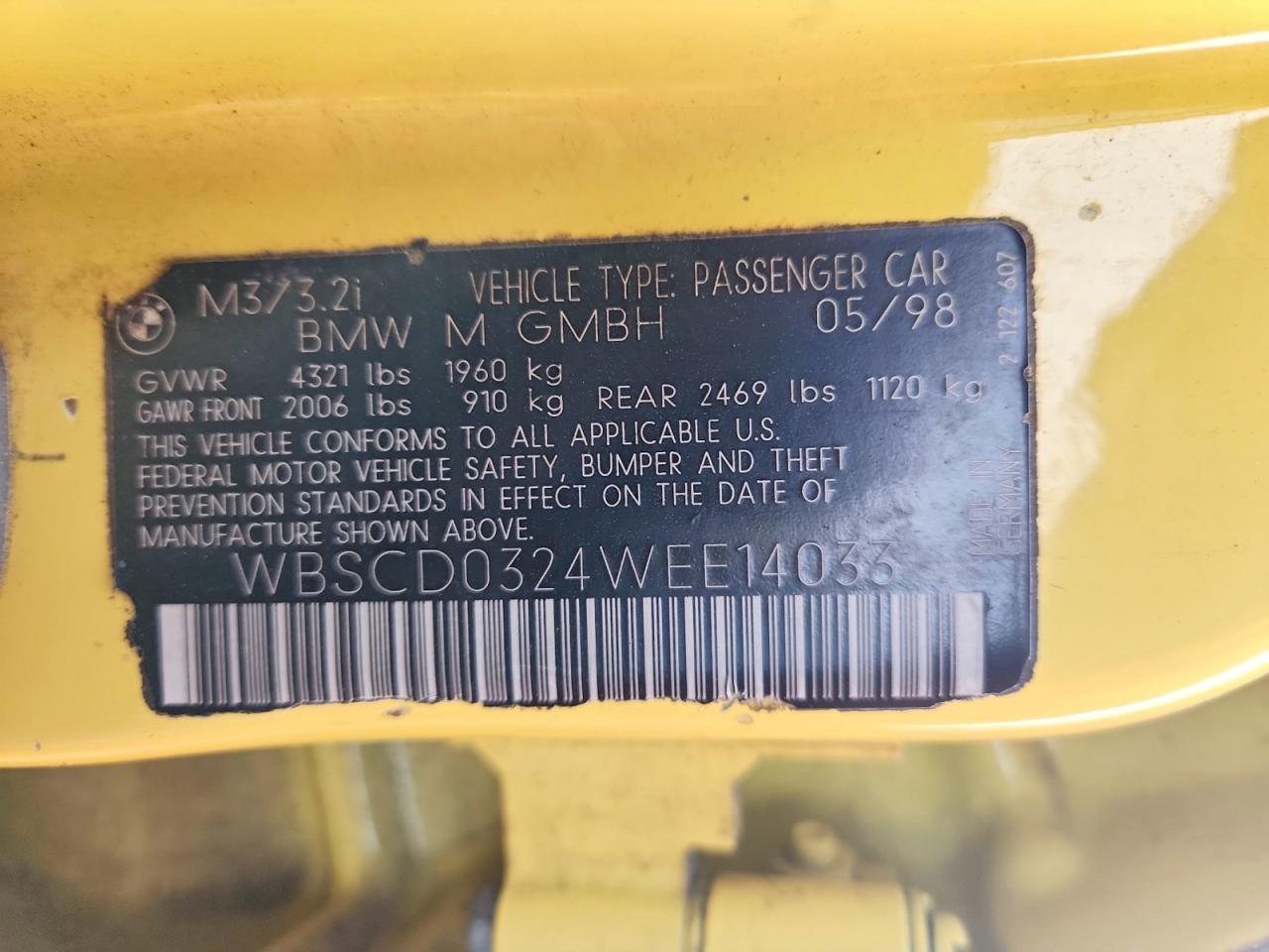 1998 Bmw M3 Automatic Yellow vin: WBSCD0324WEE14033