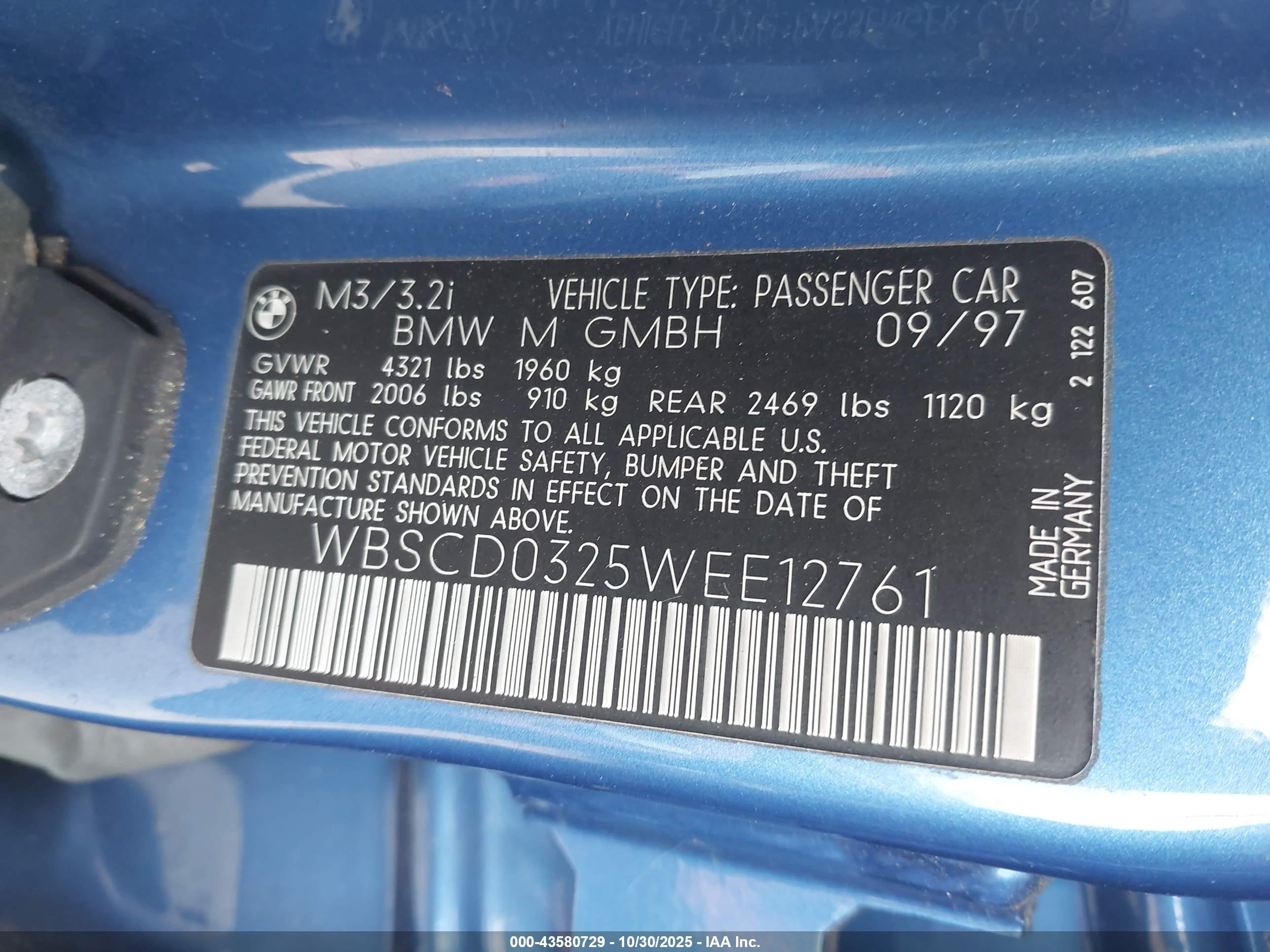 1998 Bmw M3   Blue vin: WBSCD0325WEE12761