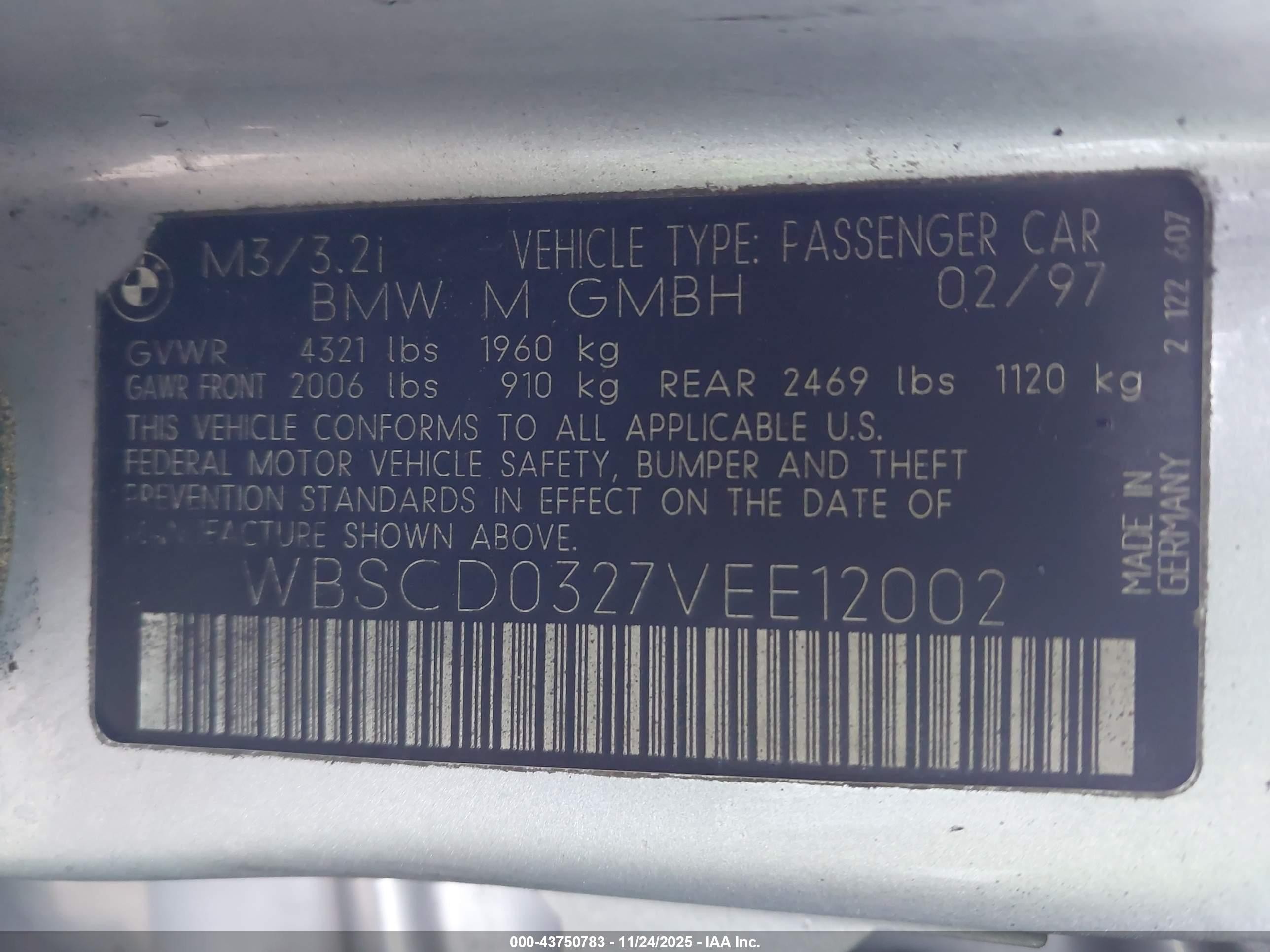 1997 Bmw M3   Silver vin: WBSCD0327VEE12002