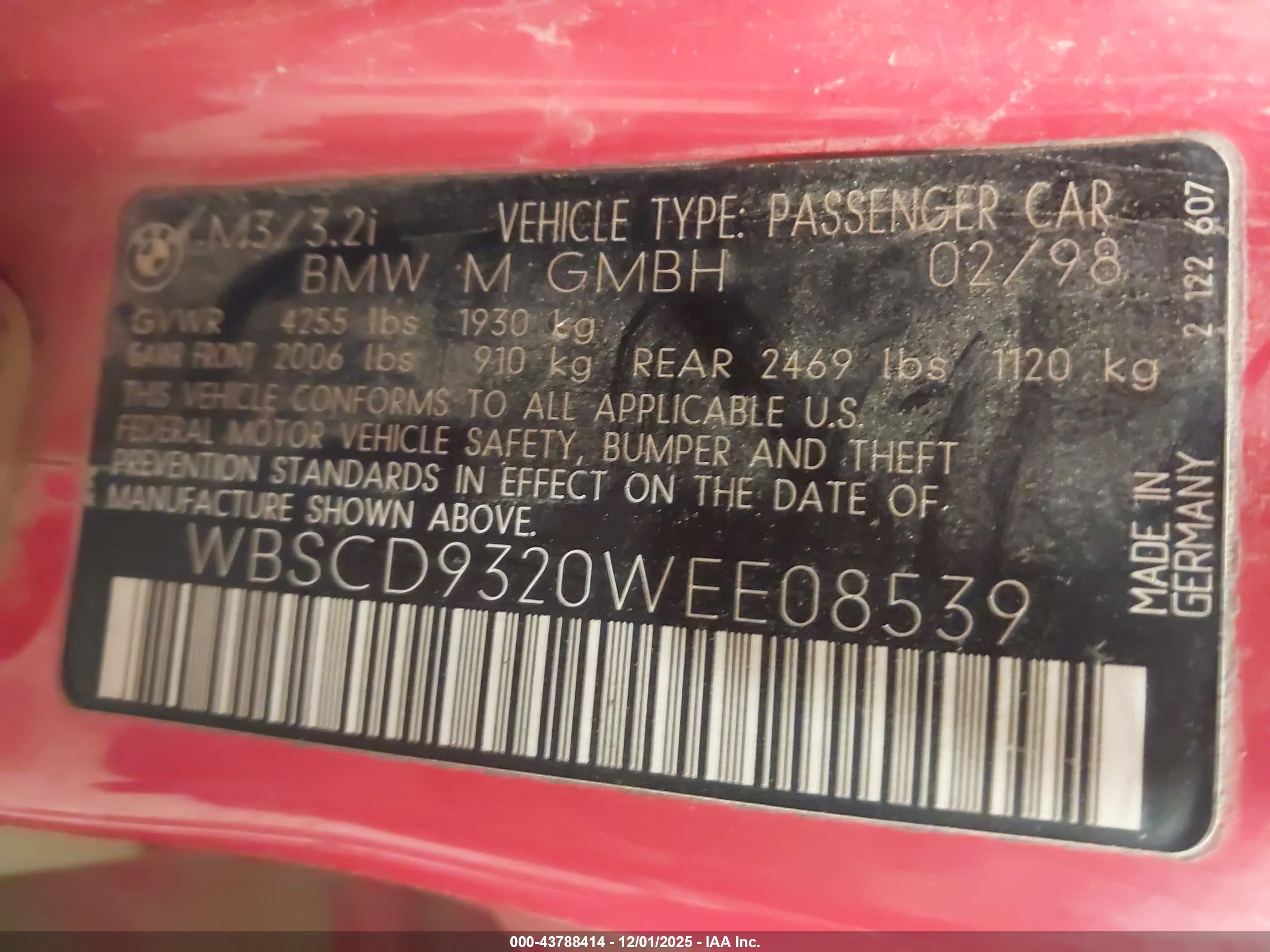 1998 Bmw M3   Red vin: WBSCD9320WEE08539