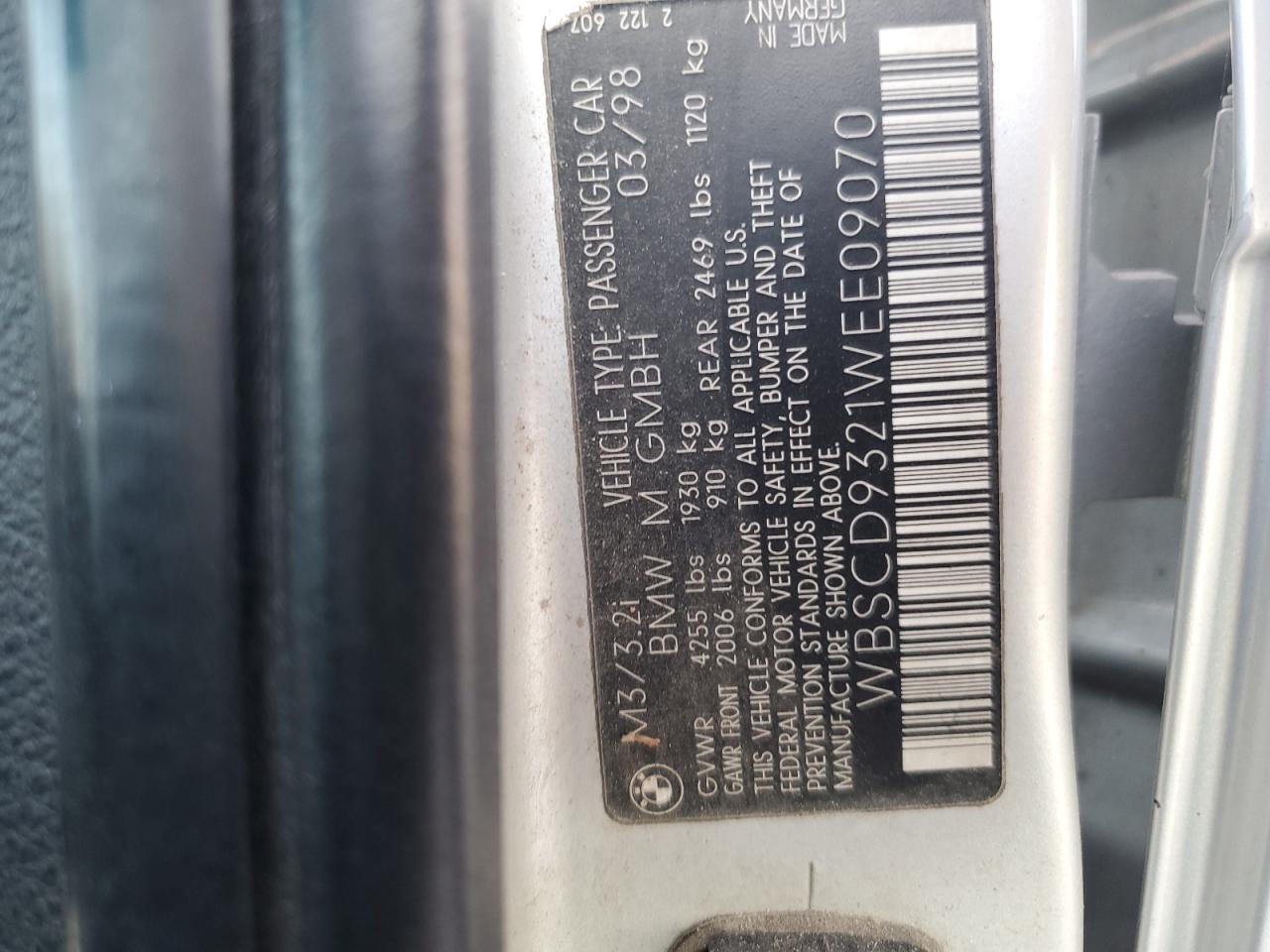 1998 Bmw M3 Silver vin: WBSCD9321WEE09070
