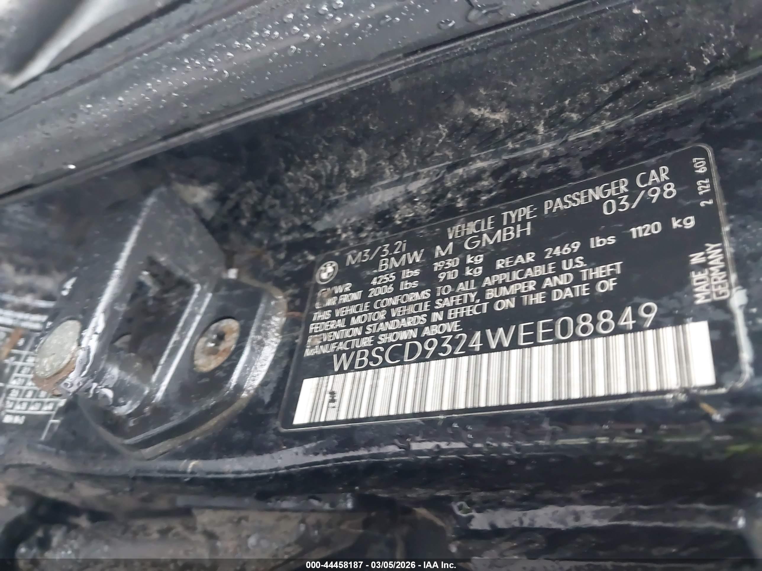 1998 Bmw M3   Black vin: WBSCD9324WEE08849