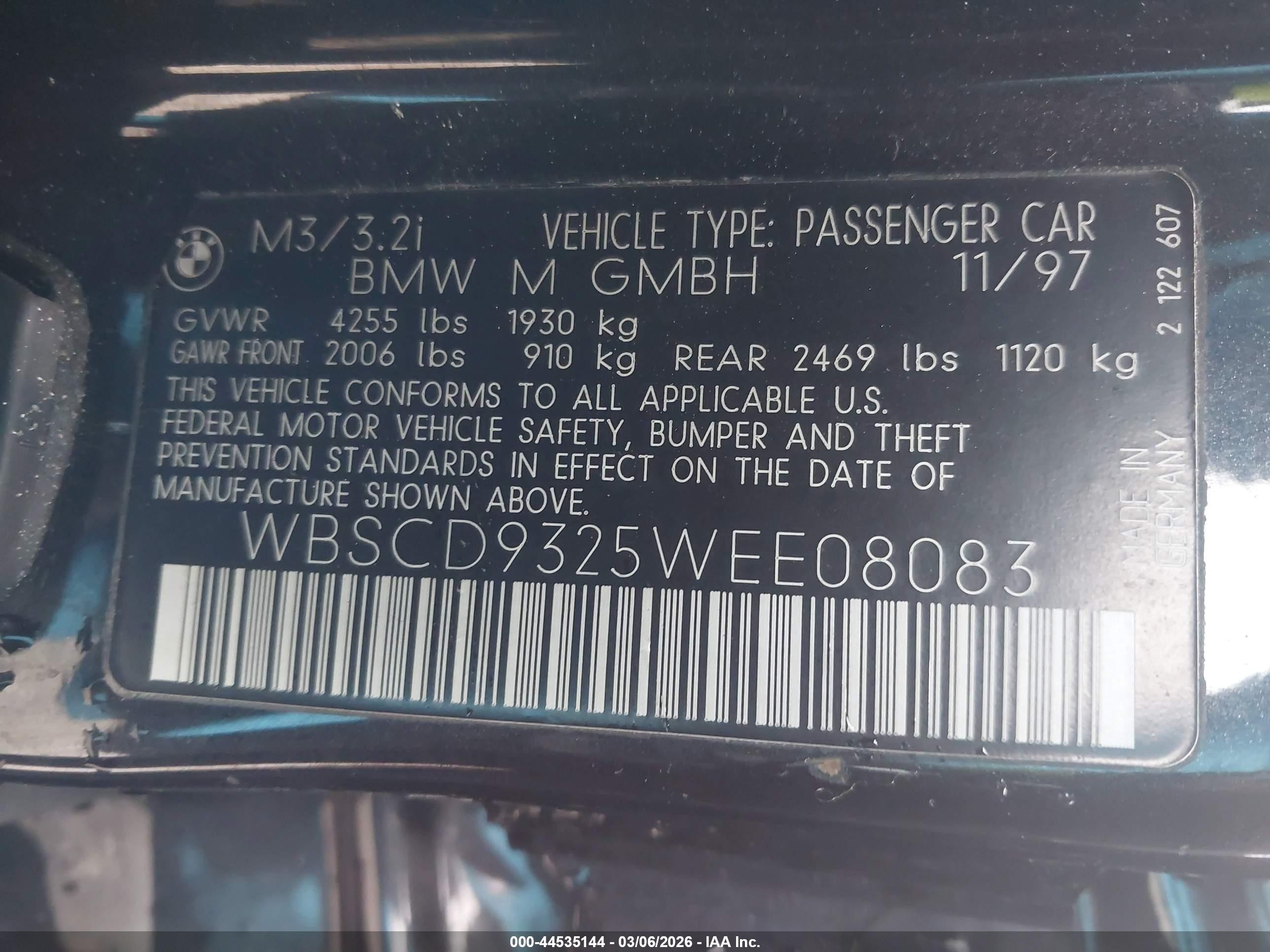1998 Bmw M3   Black vin: WBSCD9325WEE08083