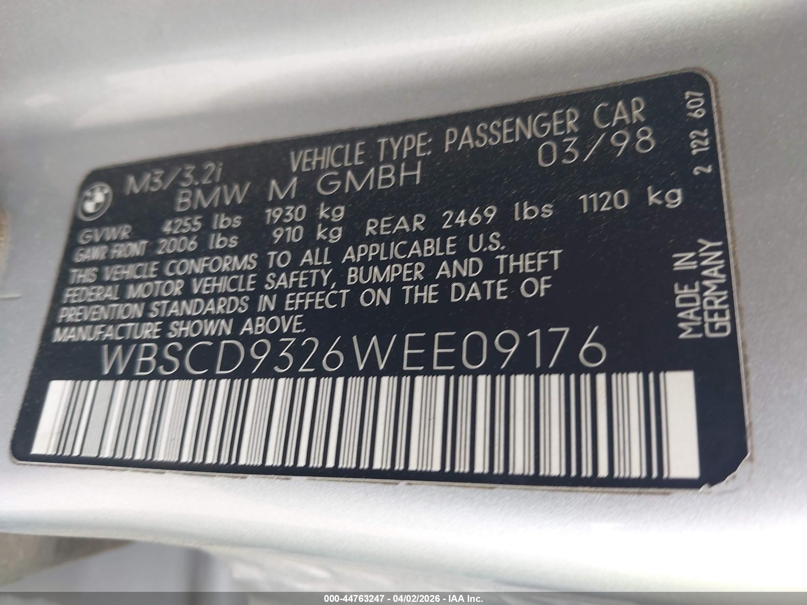 1998 Bmw M3 Gray vin: WBSCD9326WEE09176