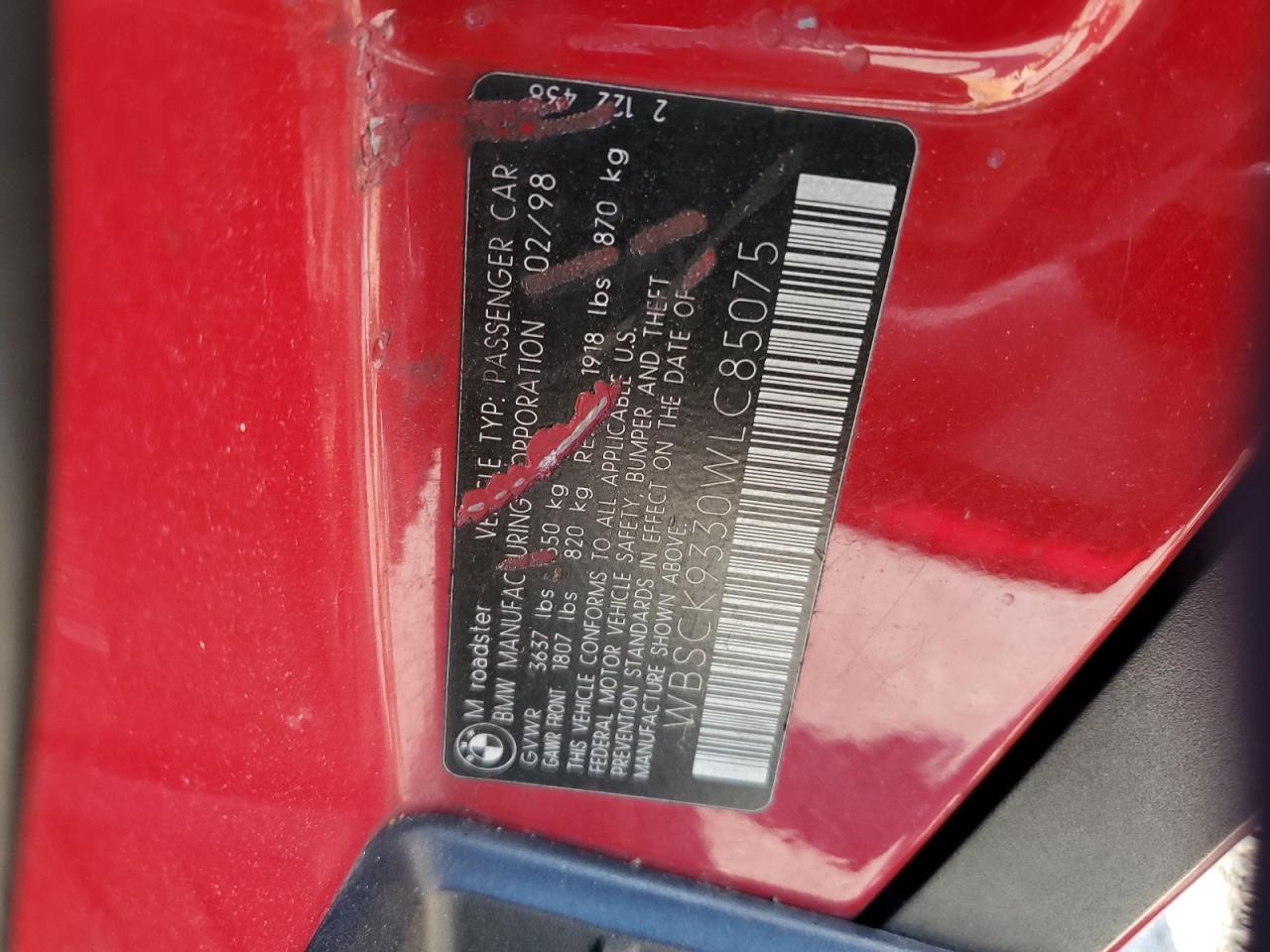 1998 Bmw M Roadster   Red vin: WBSCK9330WLC85075