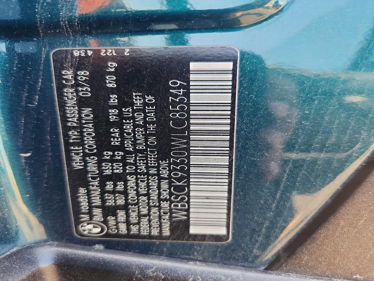 1998 Bmw M Roadster Green vin: WBSCK9330WLC85349