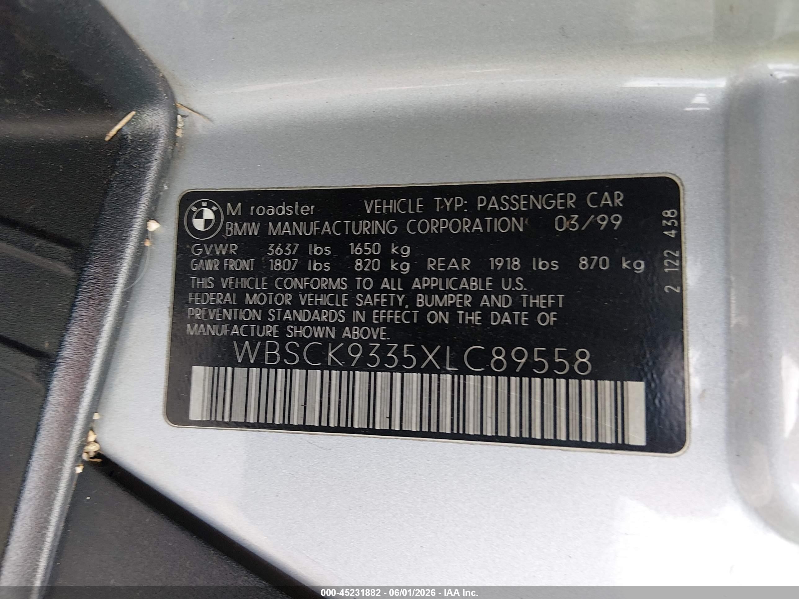 1999 Bmw M   Серебряный vin: WBSCK9335XLC89558
