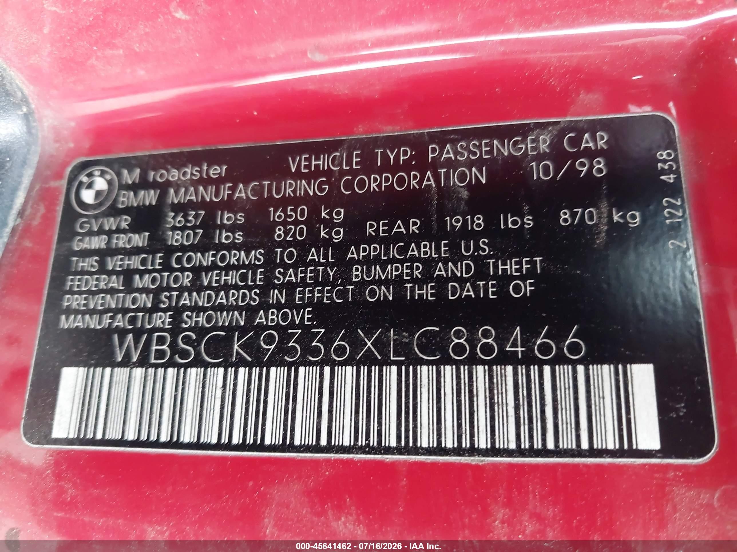 1999 Bmw M   Red vin: WBSCK9336XLC88466