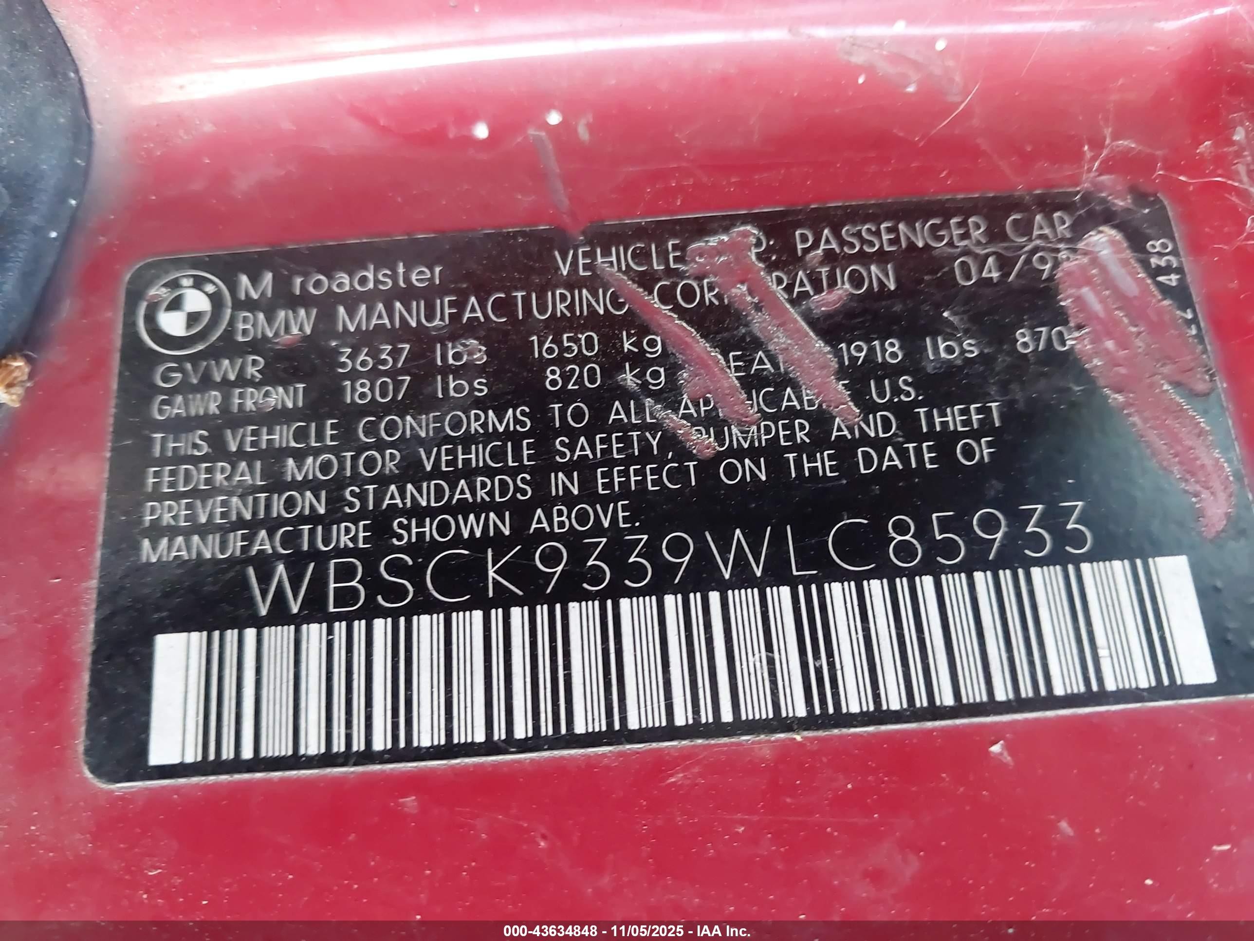 1998 Bmw M   Maroon vin: WBSCK9339WLC85933