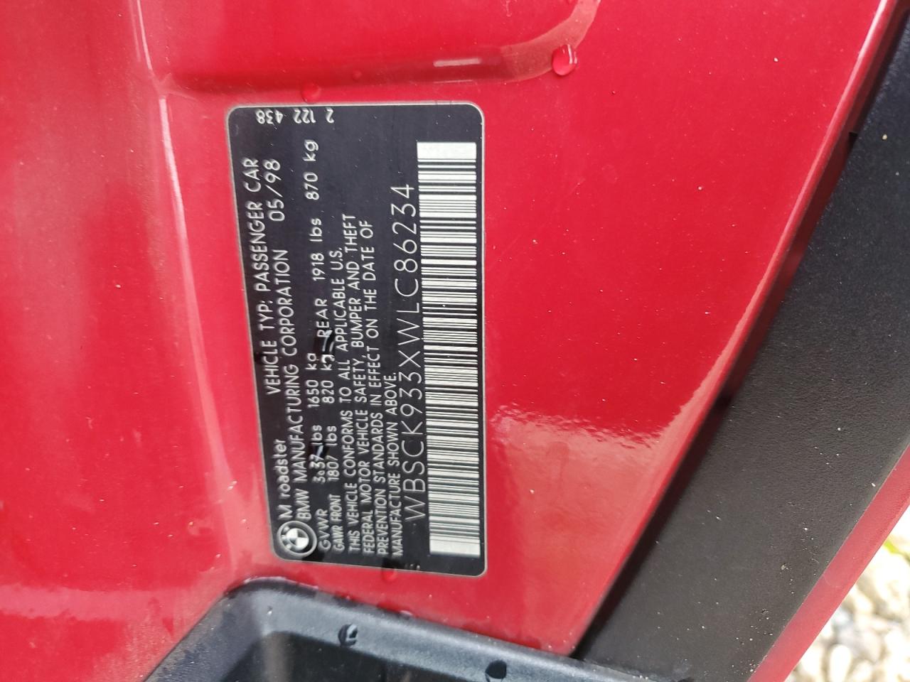 1998 Bmw M Roadster Red vin: WBSCK933XWLC86234