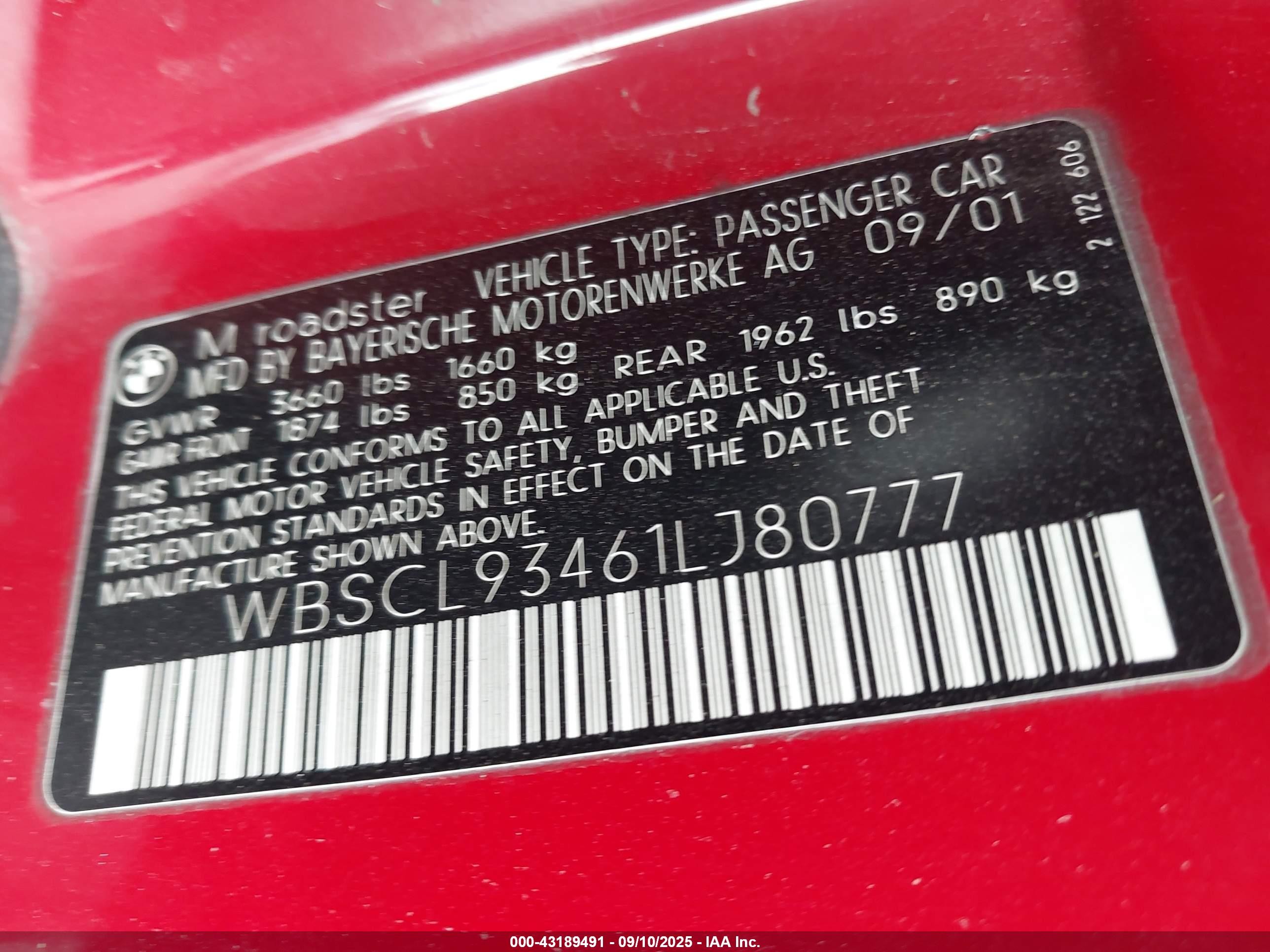 2001 Bmw M Красный vin: WBSCL93461LJ80777