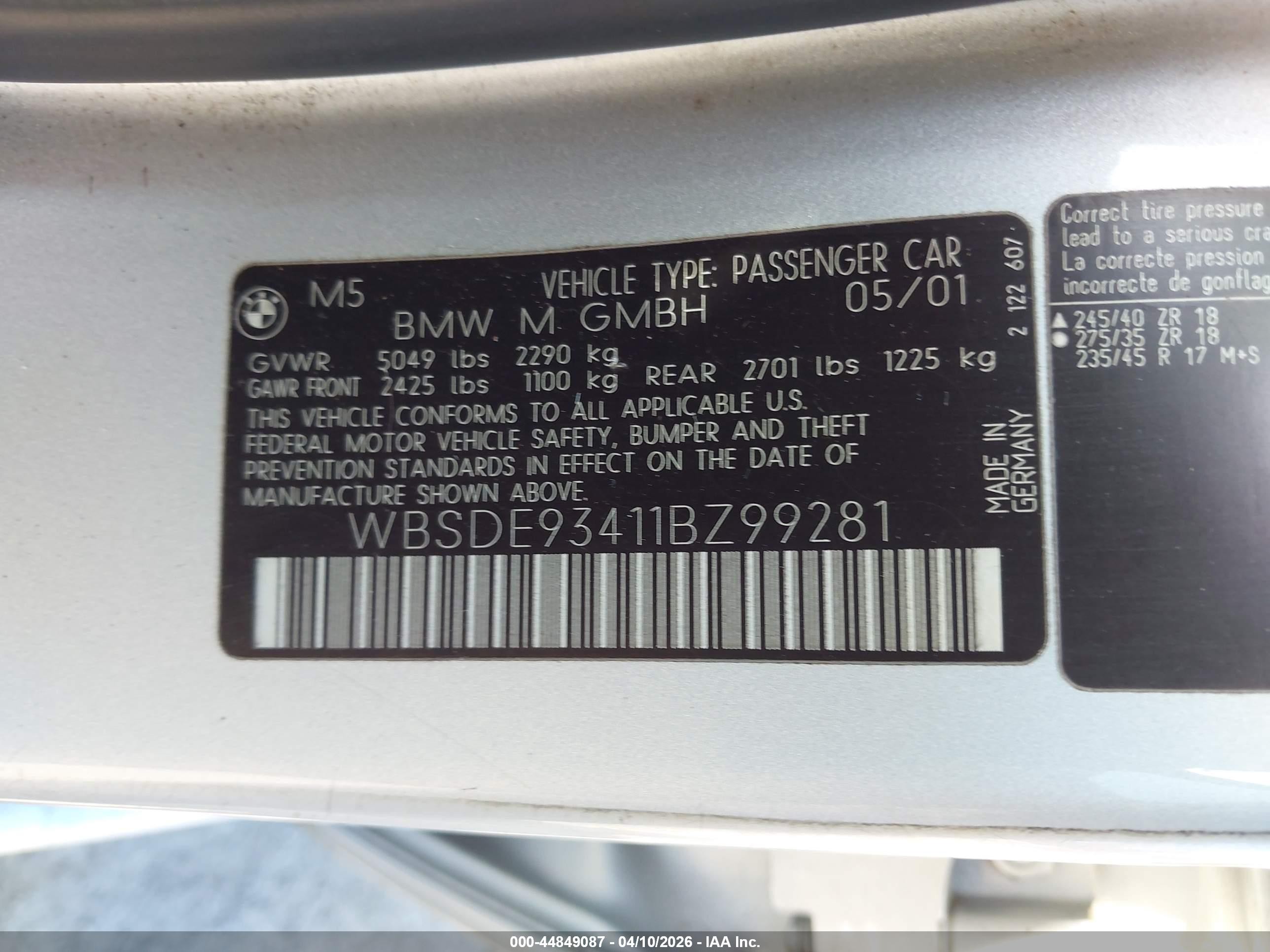 2001 Bmw M5   Silver vin: WBSDE93411BZ99281