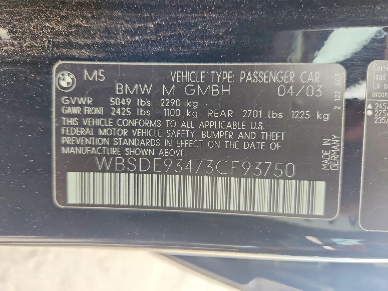 2003 Bmw M5 Black vin: WBSDE93473CF93750
