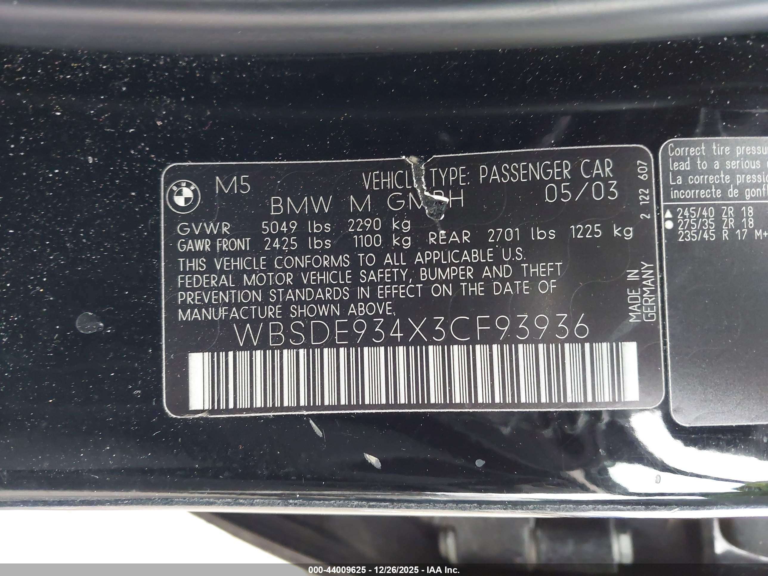 2003 Bmw M5   Black vin: WBSDE934X3CF93936