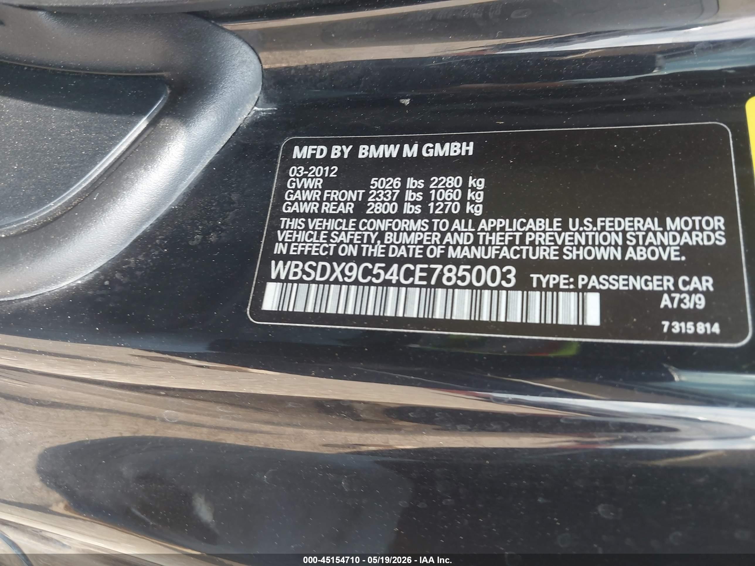 2012 Bmw M3   Black vin: WBSDX9C54CE785003