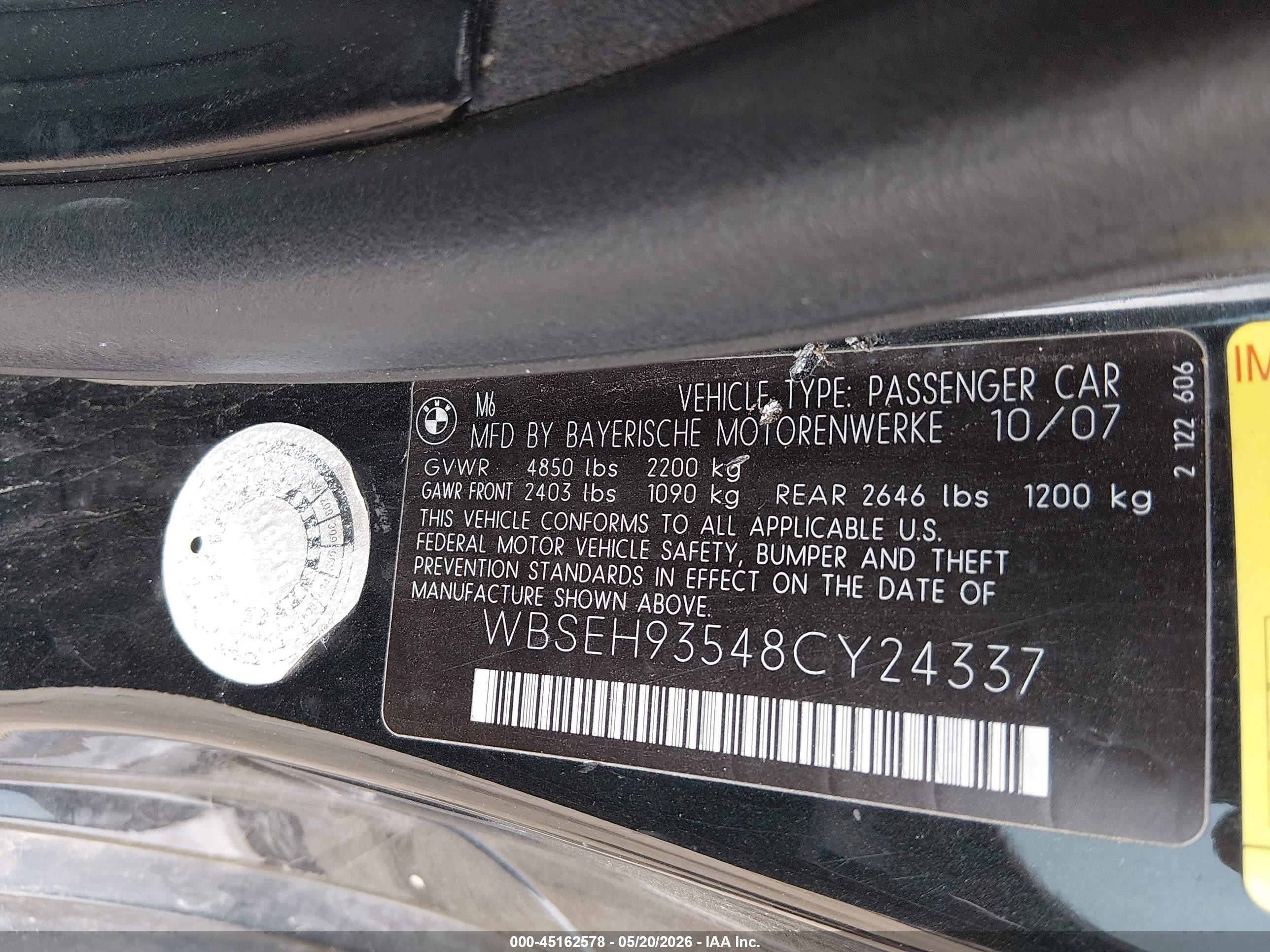 2008 Bmw M6   Black vin: WBSEH93548CY24337