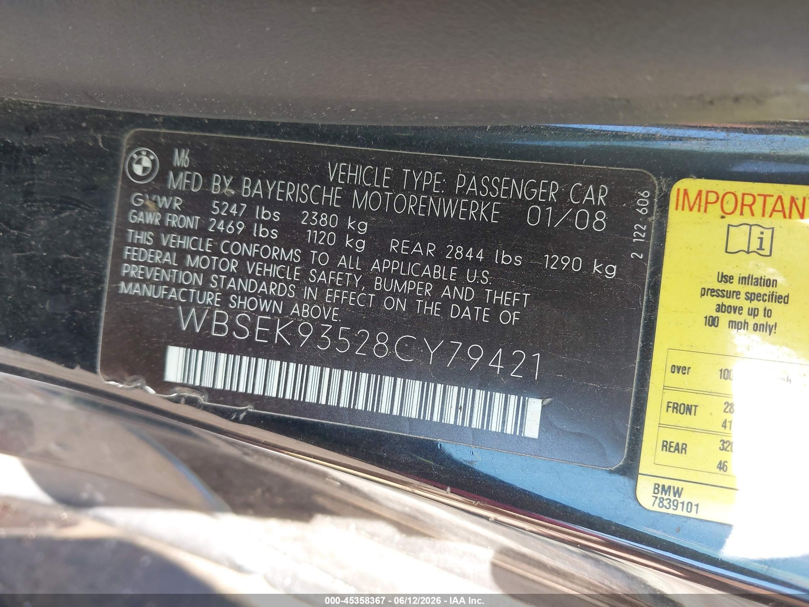 2008 Bmw M6   Black vin: WBSEK93528CY79421