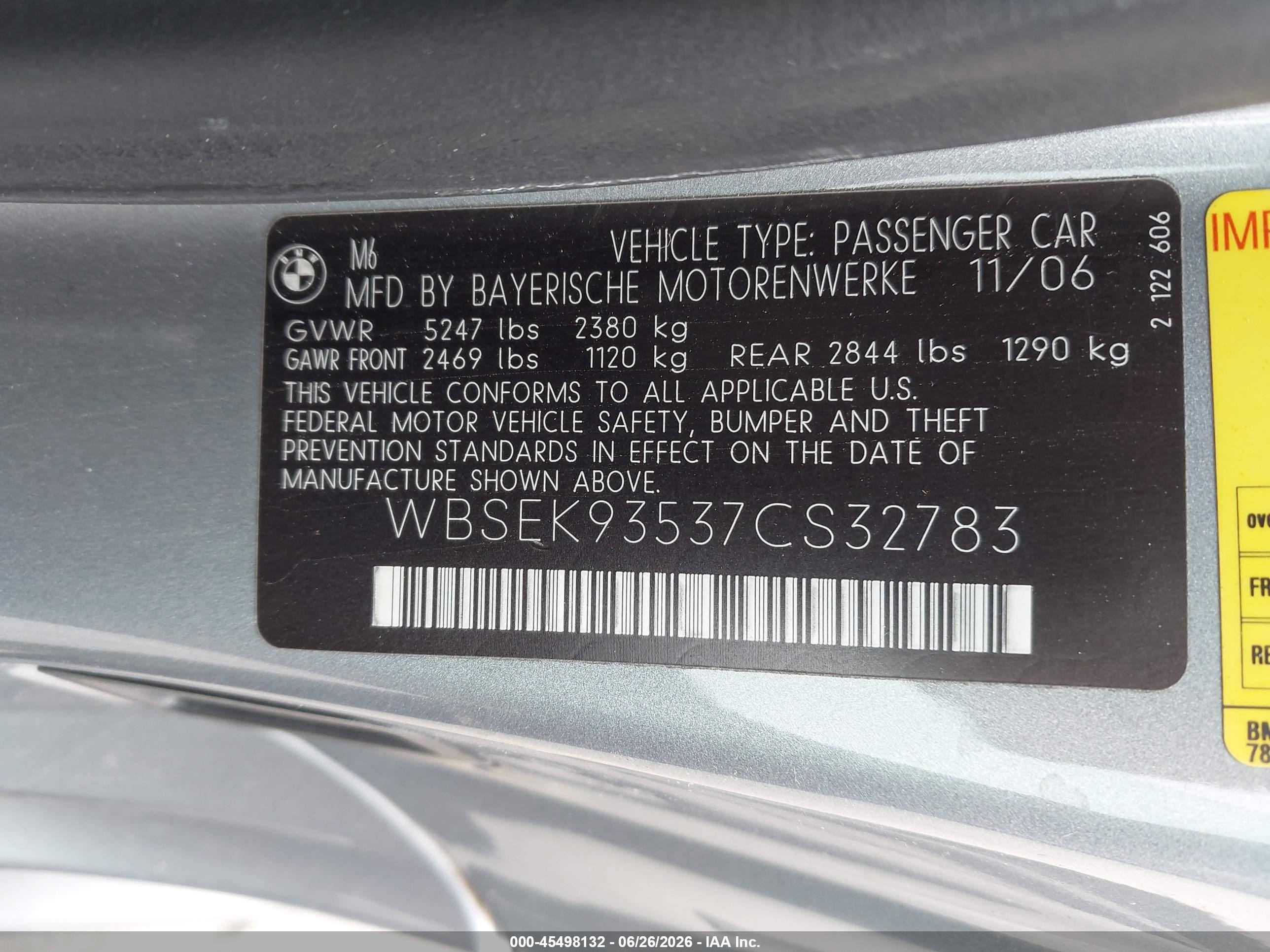 2007 Bmw M6   Silver vin: WBSEK93537CS32783