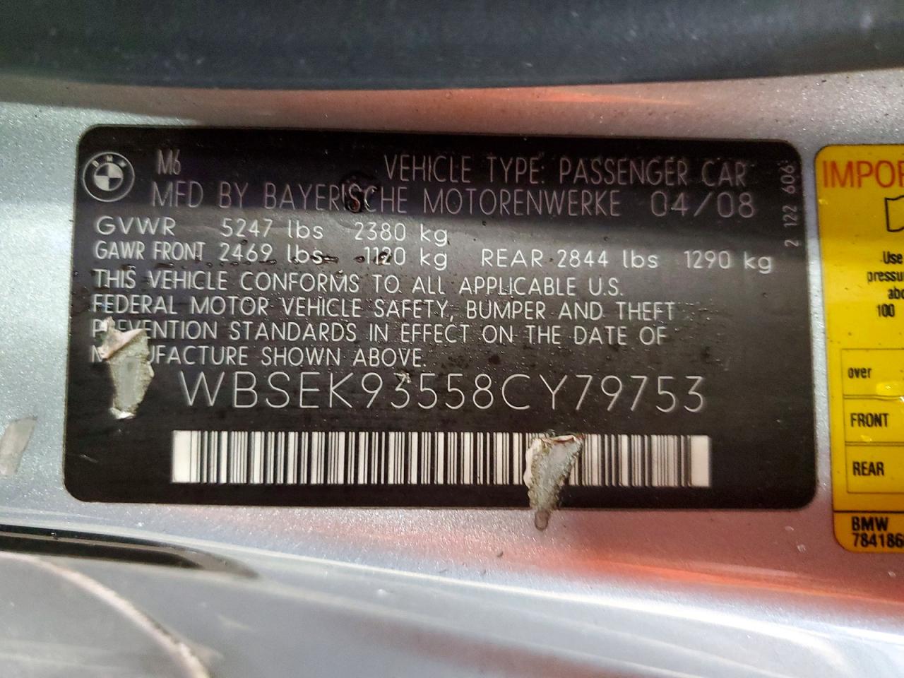 2008 Bmw M6 Silver vin: WBSEK93558CY79753