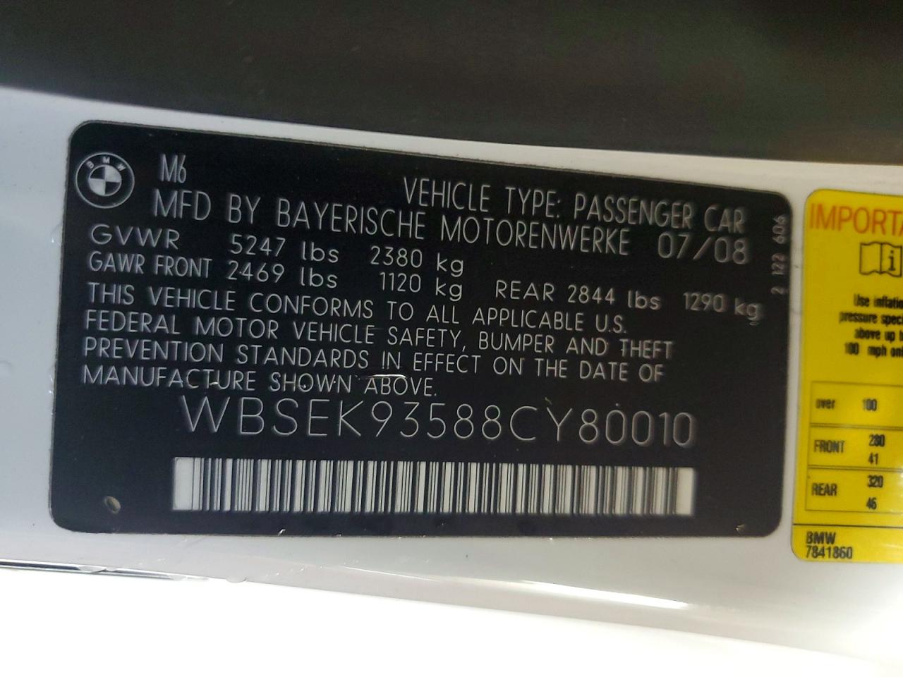 2008 Bmw M6 White vin: WBSEK93588CY80010