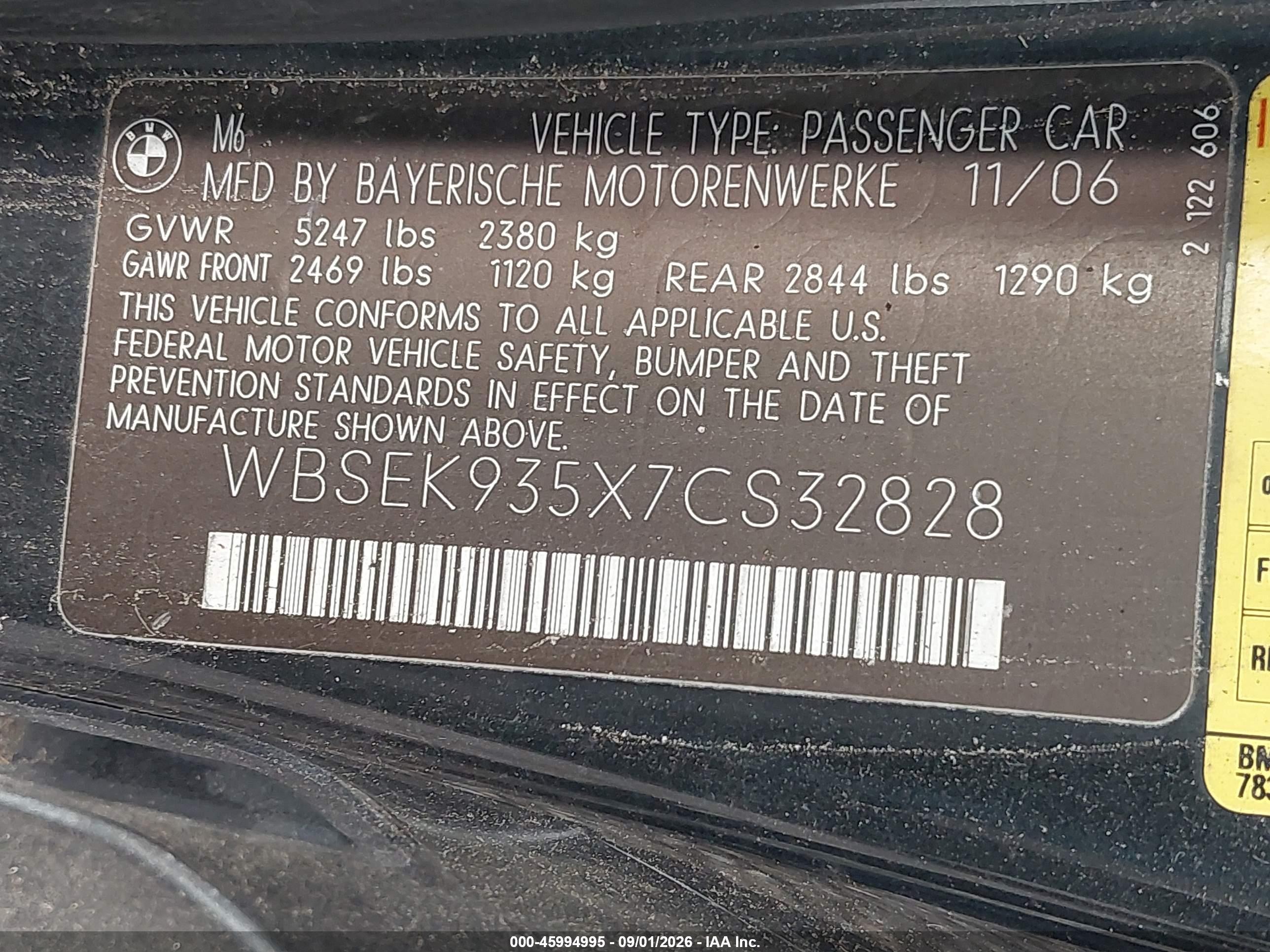 2007 Bmw M6   Black vin: WBSEK935X7CS32828