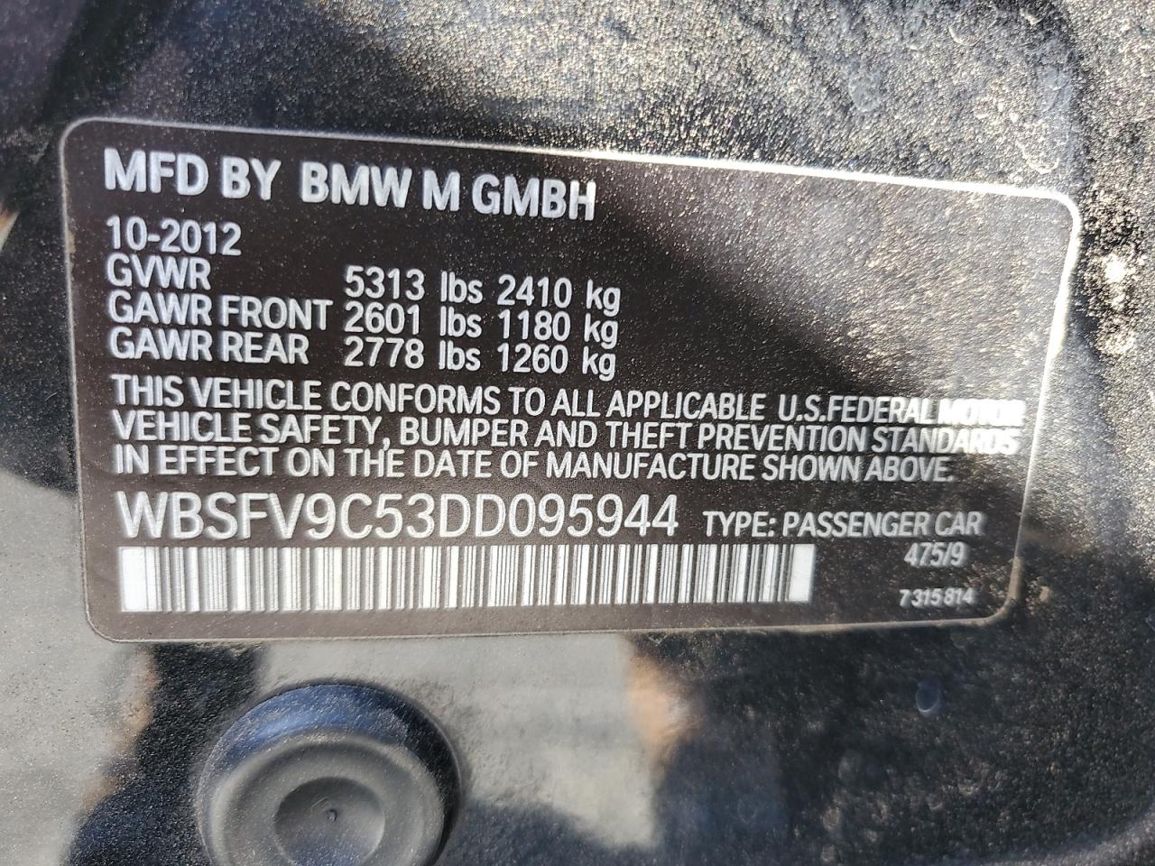 2013 Bmw Motorrad M5 Black vin: WBSFV9C53DD095944