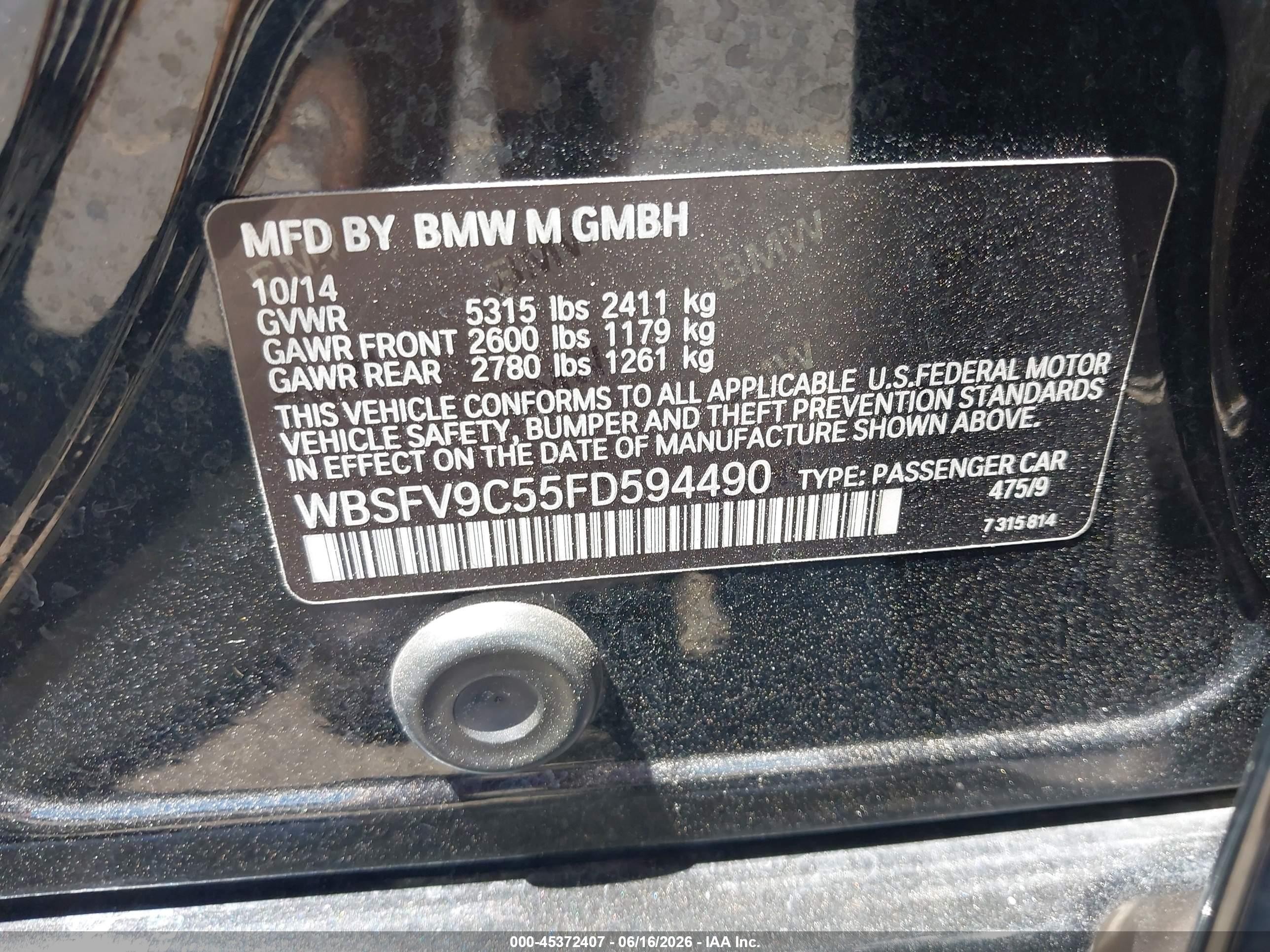 2015 Bmw M5 Black vin: WBSFV9C55FD594490
