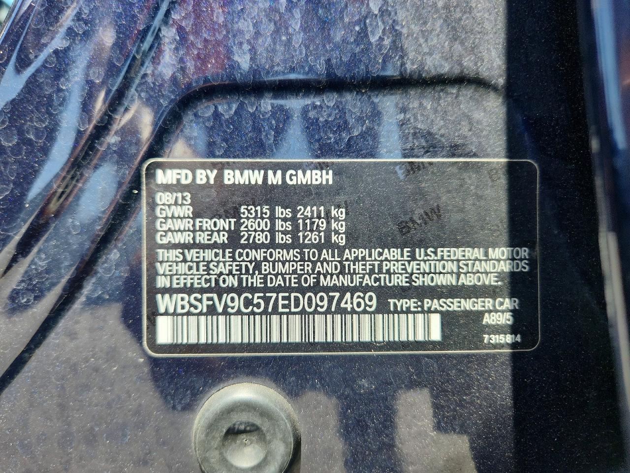 2014 Bmw M5 Blue vin: WBSFV9C57ED097469