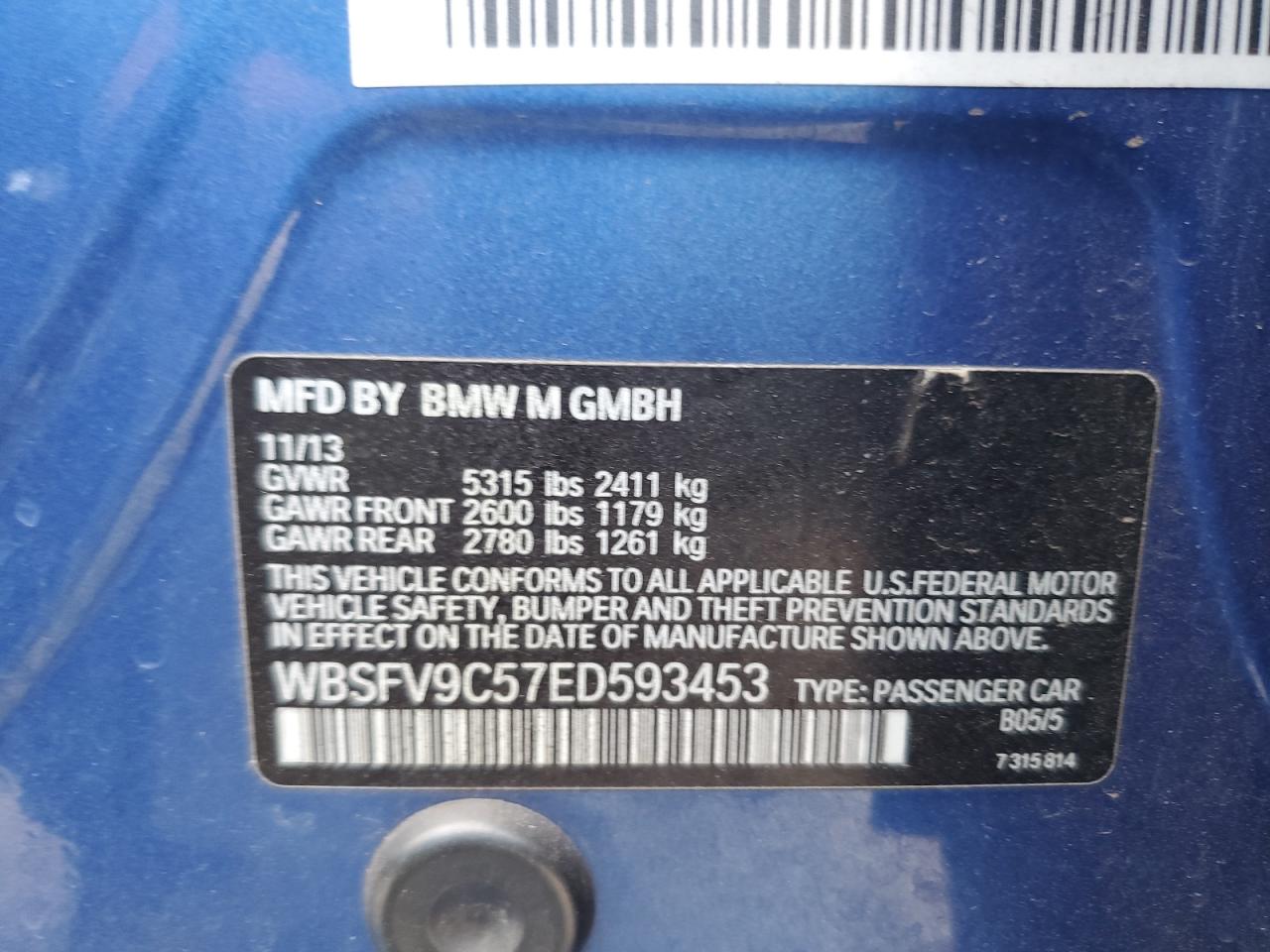 2014 Bmw Motorrad M5 Blue vin: WBSFV9C57ED593453