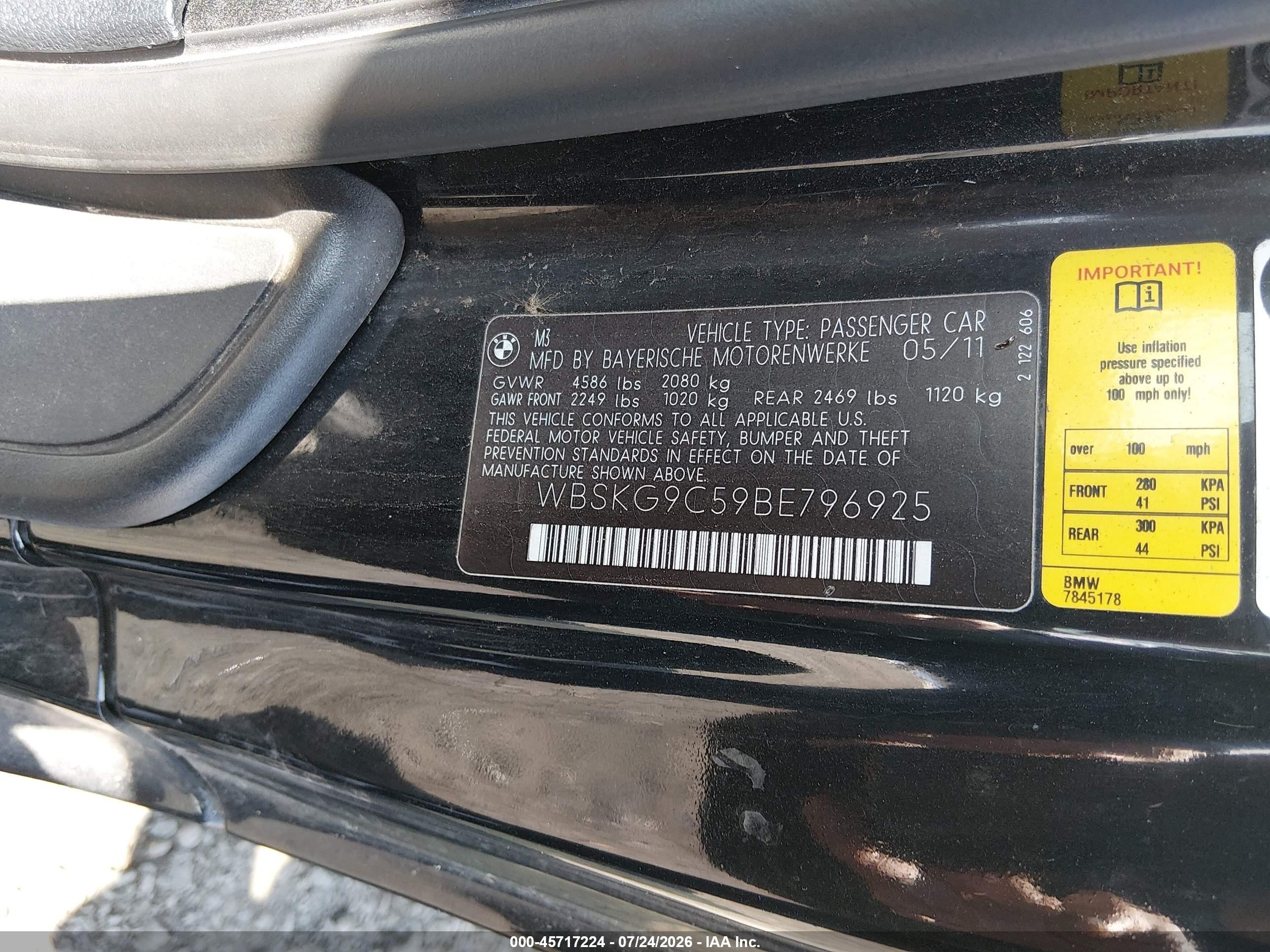 2011 Bmw M3 Black vin: WBSKG9C59BE796925