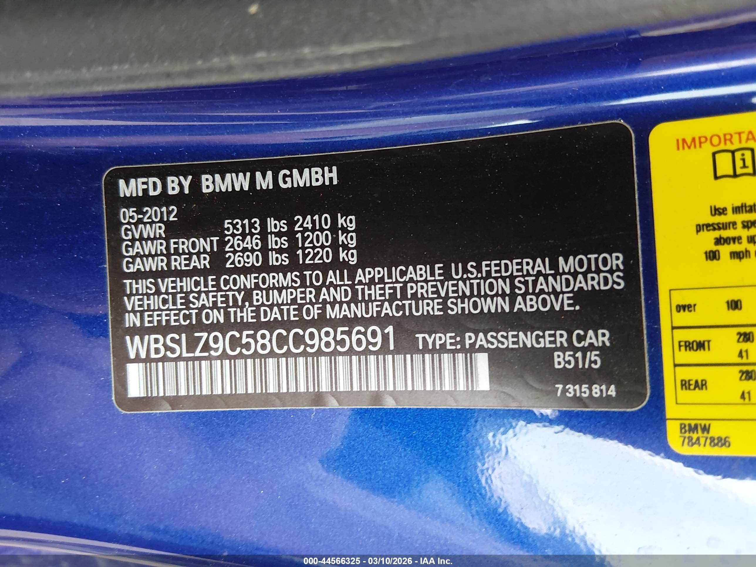 2012 Bmw M6   Blue vin: WBSLZ9C58CC985691