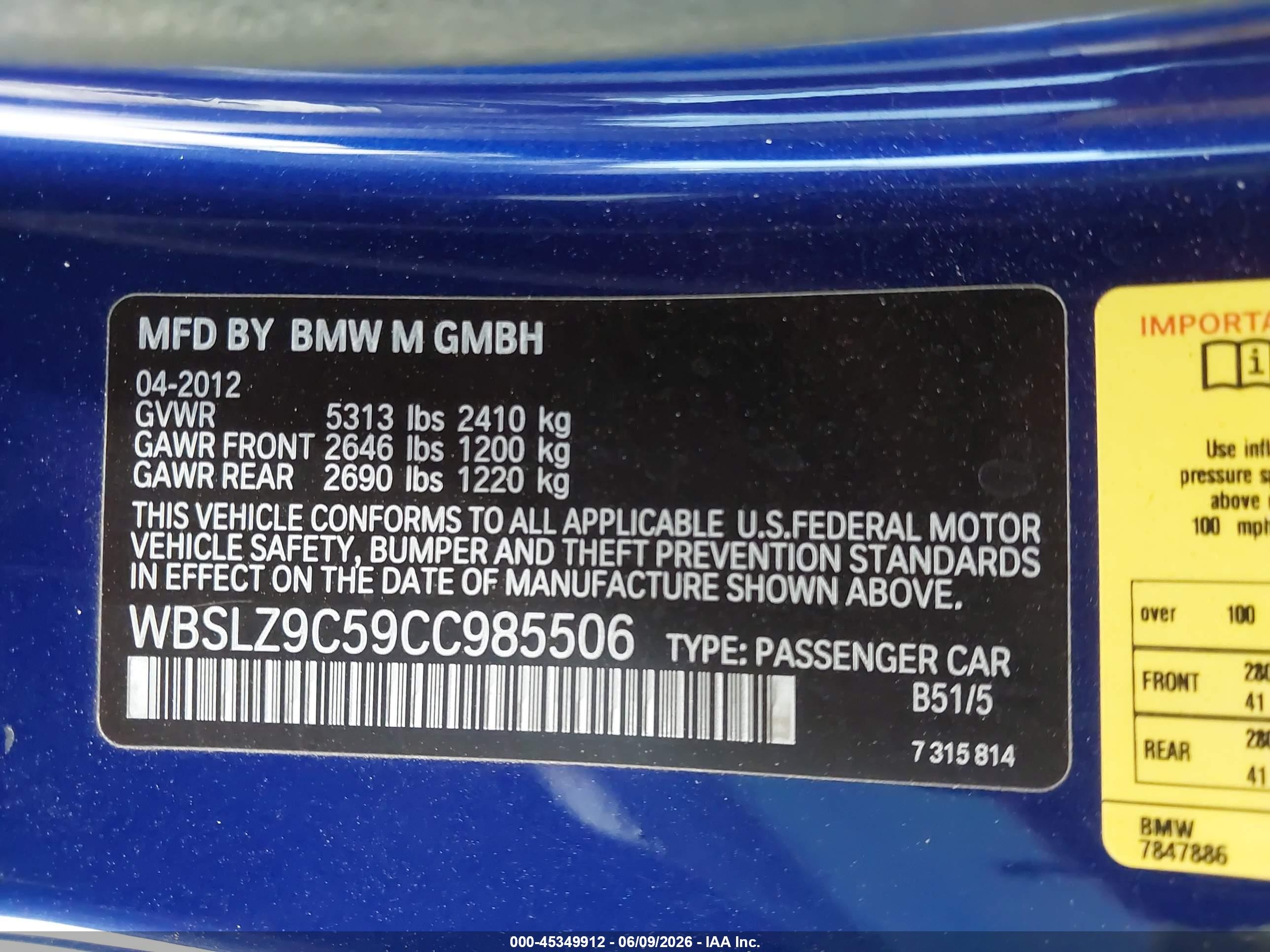 2012 Bmw M6   Blue vin: WBSLZ9C59CC985506
