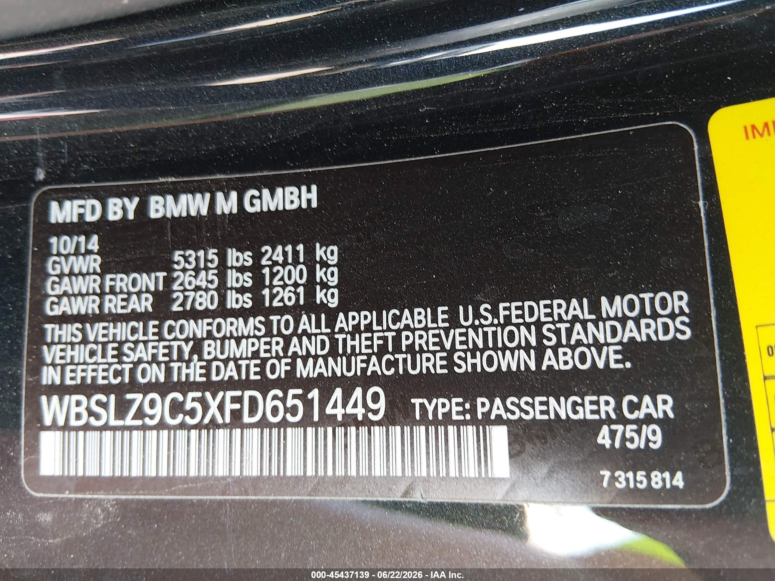 2015 Bmw M6   Черный vin: WBSLZ9C5XFD651449