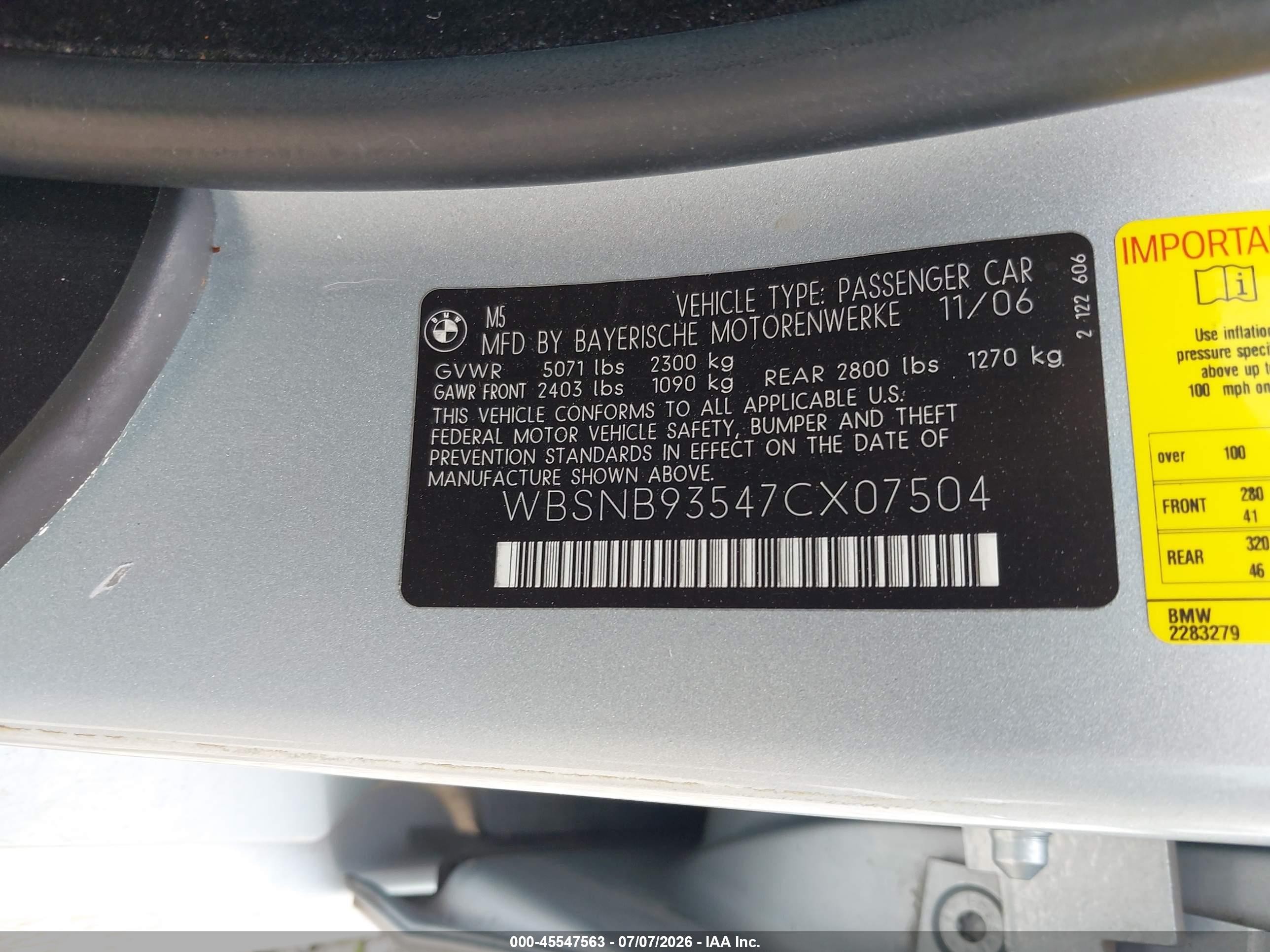 2007 Bmw M5   Gray vin: WBSNB93547CX07504