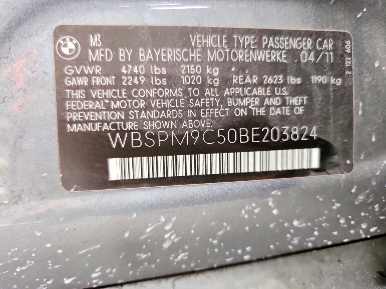 2011 Bmw M3 Gray vin: WBSPM9C50BE203824