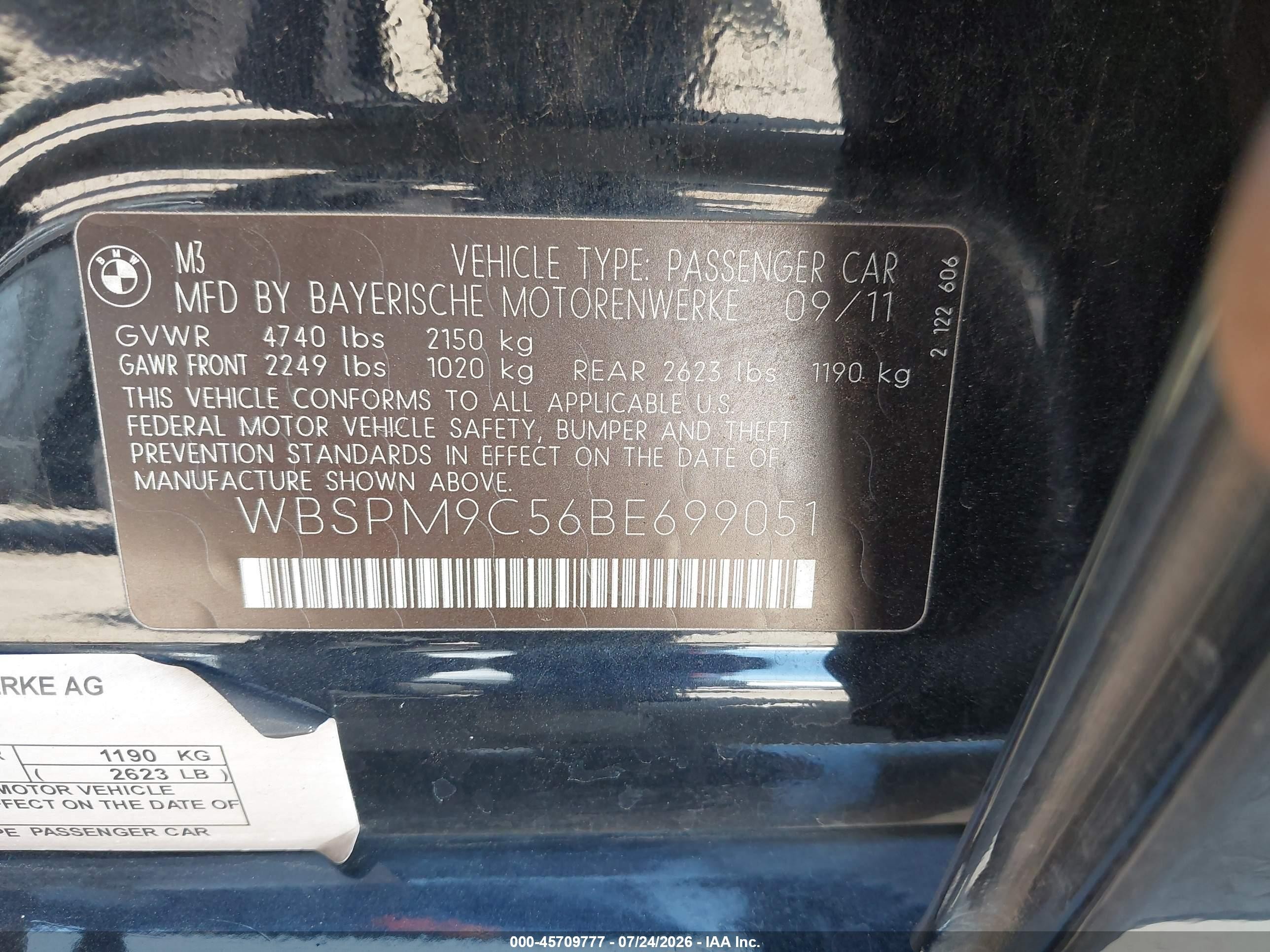 2011 Bmw M3 Black vin: WBSPM9C56BE699051
